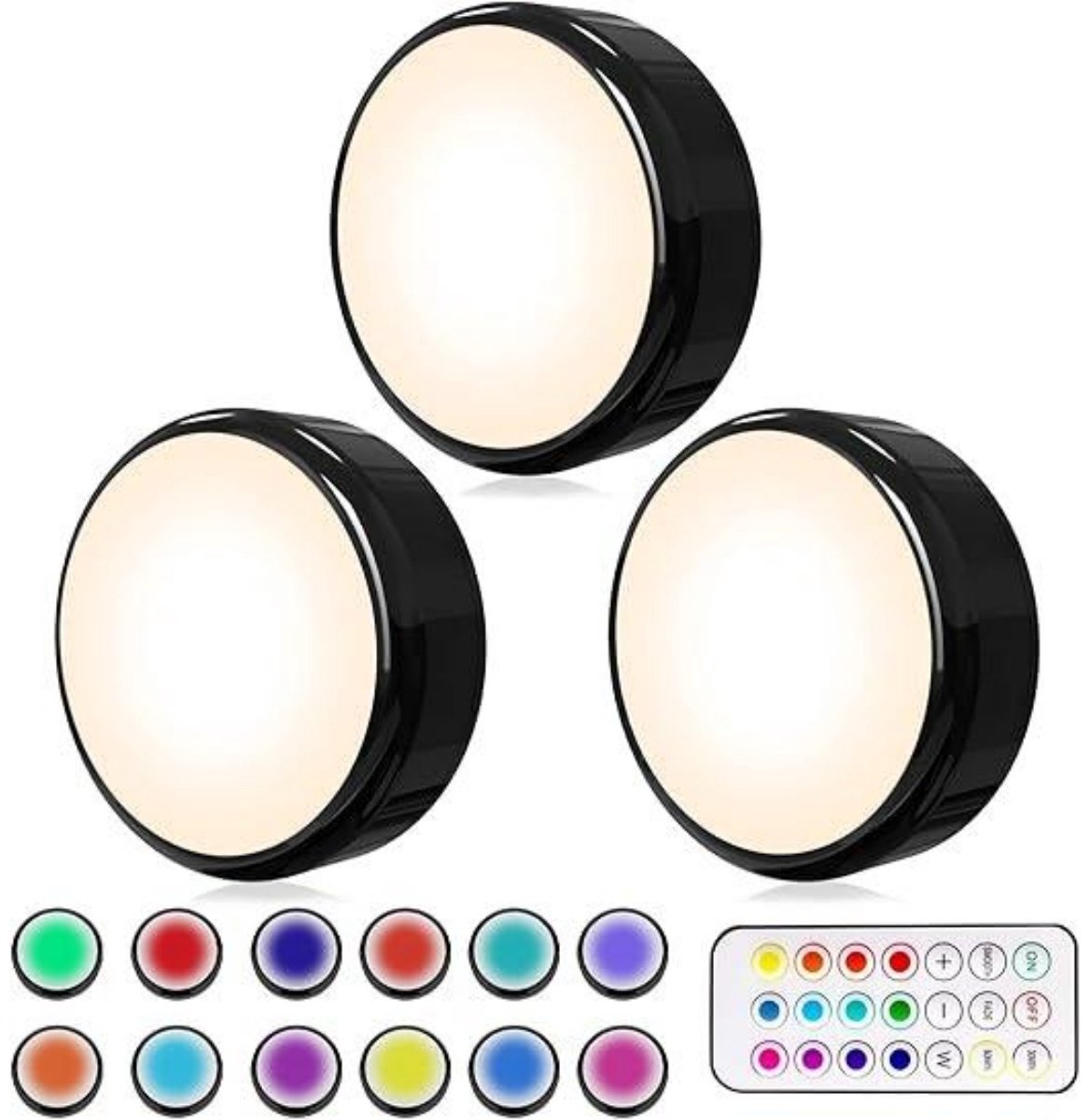 SSTRWGOOD 3 Stuks Kastonderbouwverlichting - LED RGB Verlichting - 16 Kleuren Zonder Draad - Geschikt voor Trap, Speelkamer en Kledingkast - Eenvoudige Installatie - Plastic - Inclusief 1 Afstandsbediening en Synchronisatiefunctie - 67x67x29mm