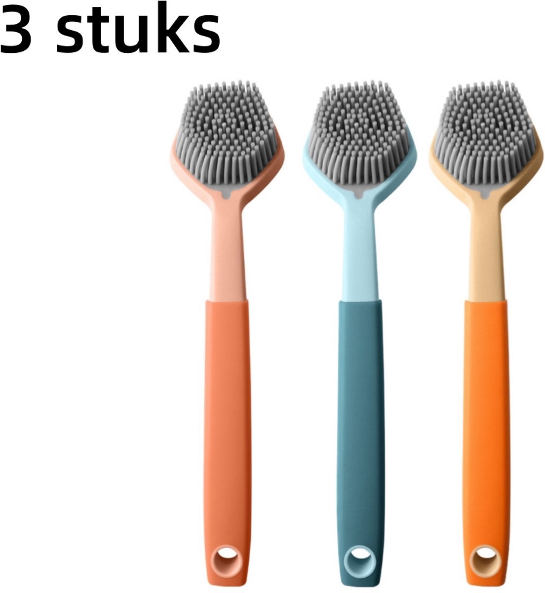 3-delige set-- Geschikt voor antiaanbakpannen -- Pannenborstel -- Vaatwasborstel -- Bordenborstel -- Keukenreiniging - -- Oliebestendig -- Ophangbaar -- 26,8*6 cm -- Oranje - blauw -roze