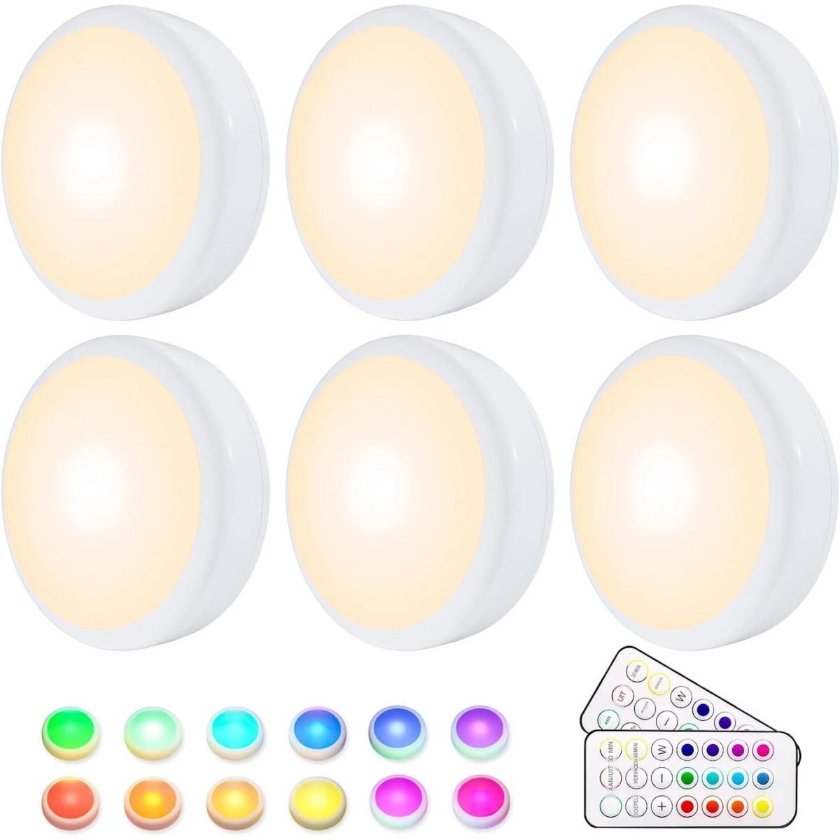 SSTRWGOOD 6 Stuks Nachtlampjes - LED Veilleuse RGB - 16 Kleuren Draadloos - Geschikt voor Kast, Trap en Speelkamer - Kunststof - 67x67x29mm - Incl. 2 Afstandsbedieningen en Synchronisatiefunctie