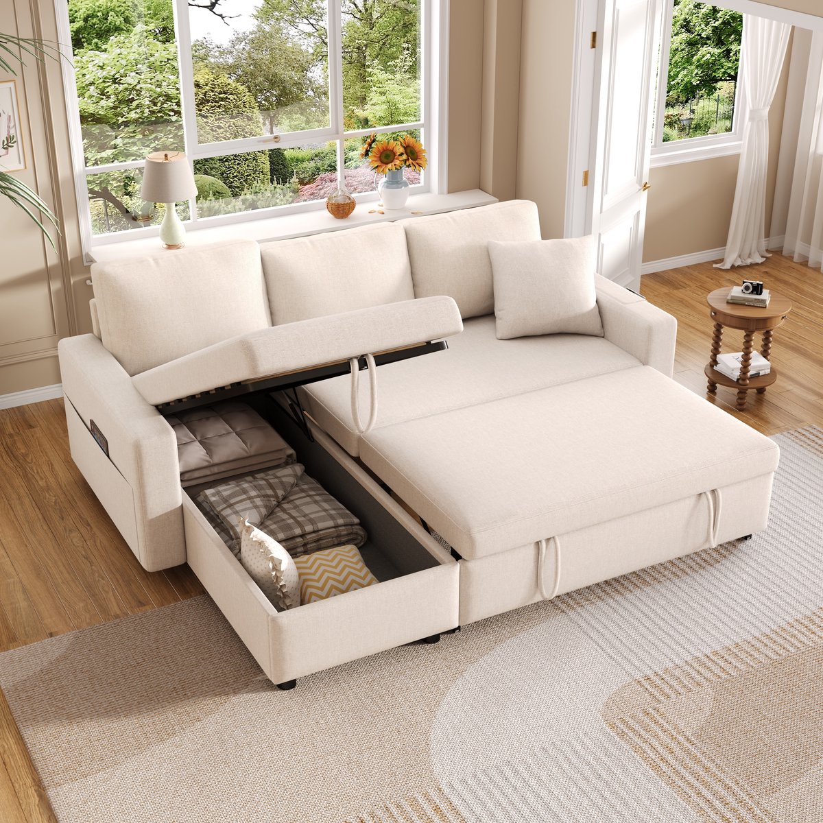 2-zits hoekbank - 219,5 x 142,5 x 83 cm - linnenlook bekleding - met slaapfunctie - met opbergruimte - inclusief kussens - met armleuningen - Beige