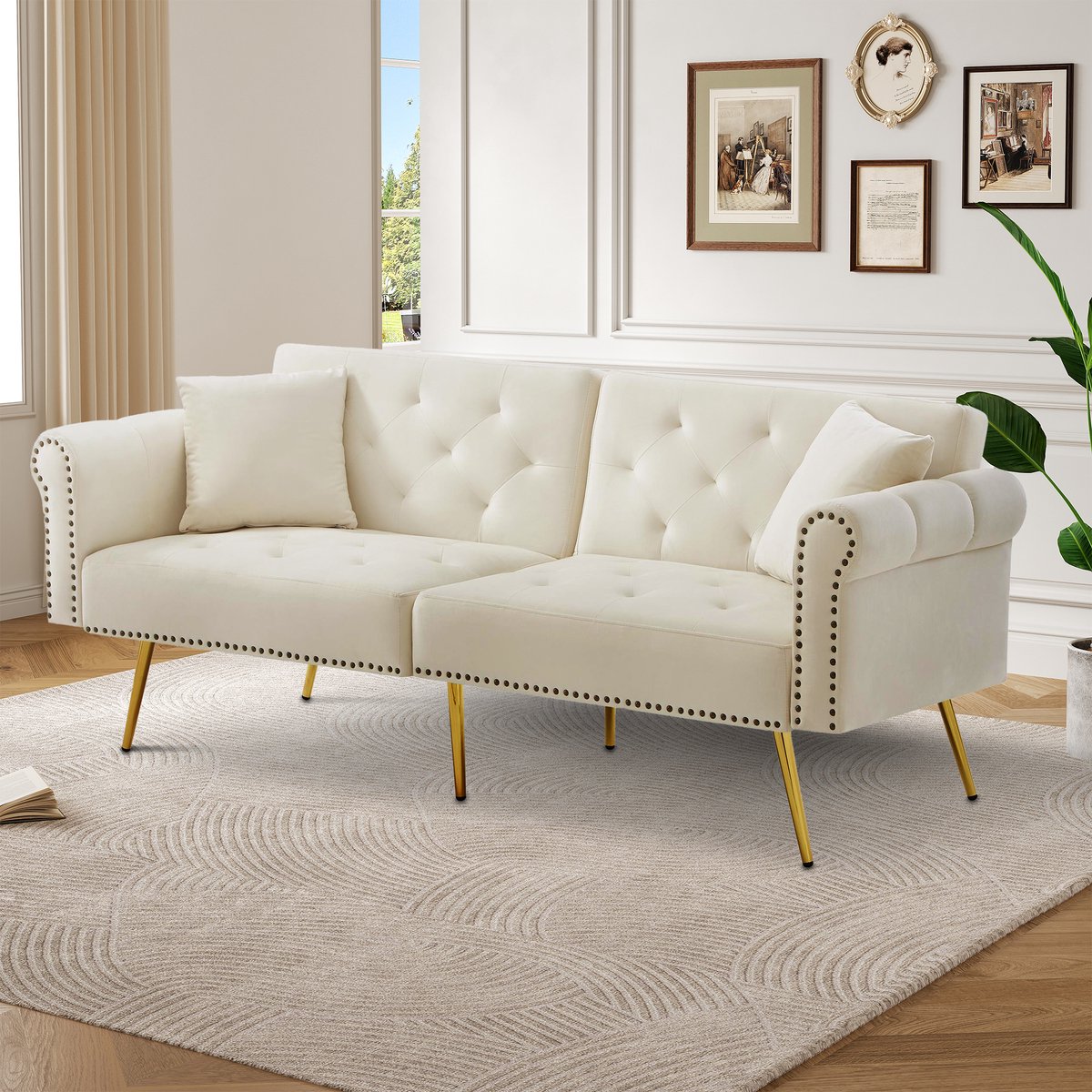 2-zits slaapbank - 173 x 75 x 70 cm - met schuimvulling - met slaapfunctie - met verstelbare rugleuning - met opbergruimte - met houten poten - Beige