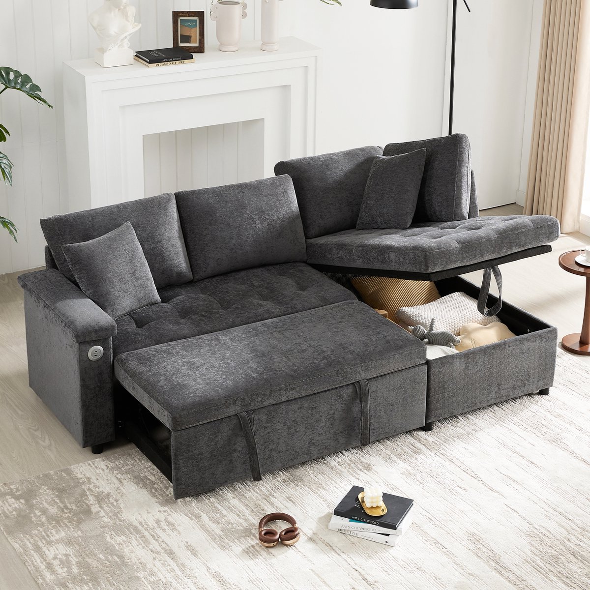 3-zits hoekbank - 209 x 130 x 84 cm - chenille bekleding - met slaapfunctie - met opbergruimte - met USB-aansluiting - met bekerhouders - Grijs