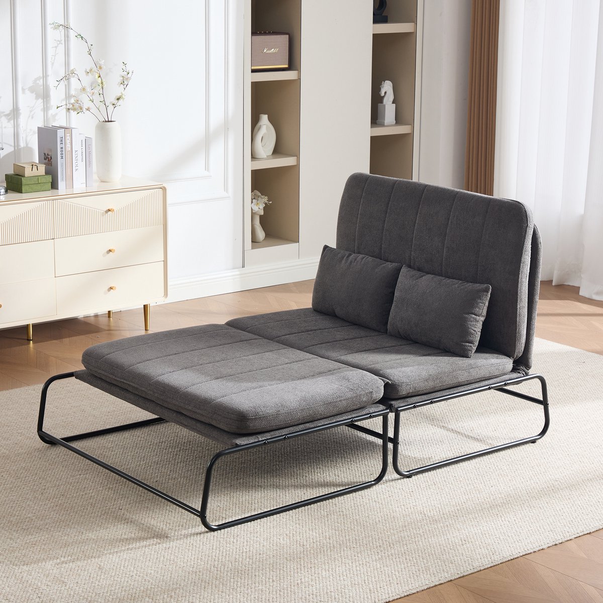 1-zits slaapbank - 104 x 85 x 92 cm - chenille bekleding - met slaapfunctie - met opbergruimte - inclusief kussens - met metalen frame - Grijs
