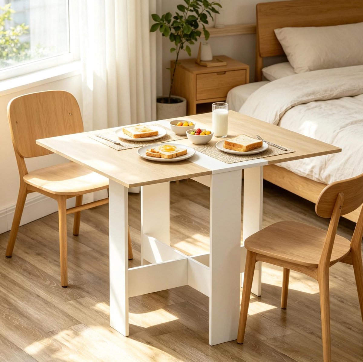MODENUIT Eettafel - Opklapbaar Design - Voor Keuken En Woonkamer - MDF - Eiken En Wit - 103x76x73,5 Cm