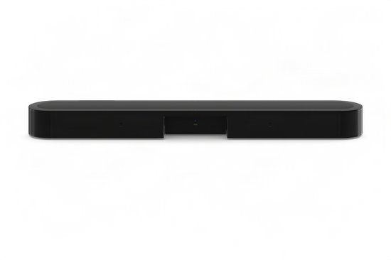 Zijaanzicht van een zwarte Sonos soundbar met aansluitingen aan de achterkant.
