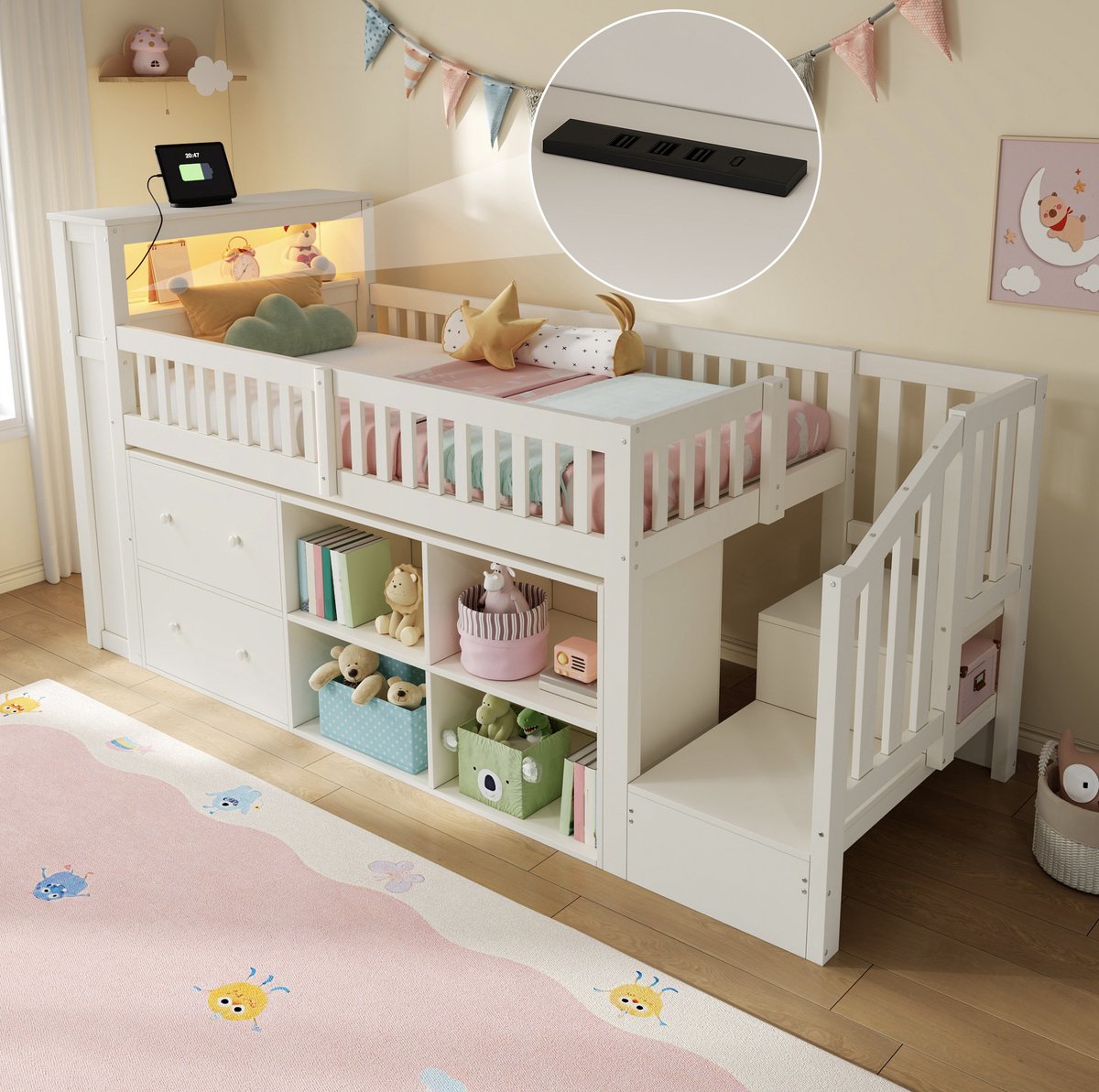 DESMIU Halfhoogslaper 90 x 200 cm Met Lades, Opbergruimte, Trapkast En Ledverlichting Voor Kinderkamer Hout En MDF Wit Zonder Matras
