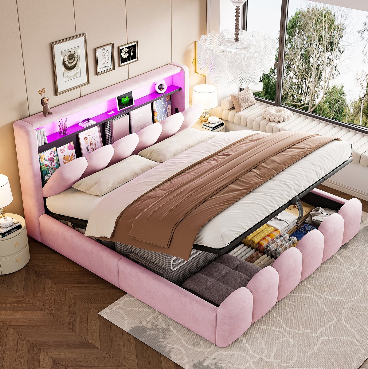 DESMIU Gestoffeerd Bed 180x200 cm – Tweepersoonsbed Met USB En USB-C – Hydraulische Opbergruimte – Slaapkamer – Fluweel – Roze – Zonder Matras