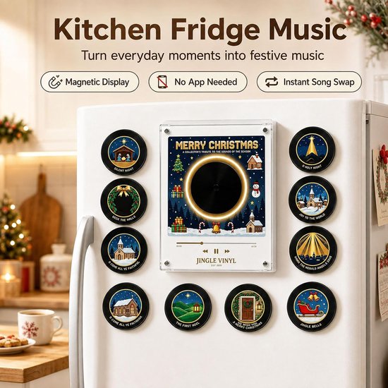 Magnetische Muziekspeler voor Koelkast - Kerst Muziekdoos met 9 NFC Mini Vinylplaten - MP3 - Kerstmuziek - Retro Vinyl - USB-C Oplaadbaar - Kerstdecoratie — afbeelding 4