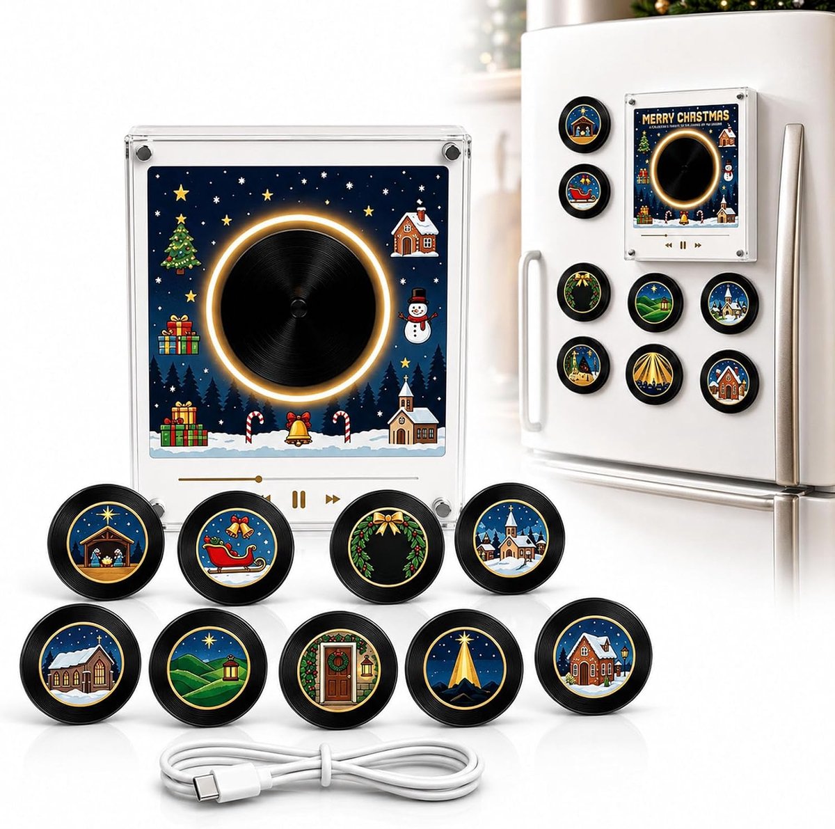 Magnetische Muziekspeler voor Koelkast - Kerst Muziekdoos met 9 NFC Mini Vinylplaten - MP3 - Kerstmuziek - Retro Vinyl - USB-C Oplaadbaar - Kerstdecoratie