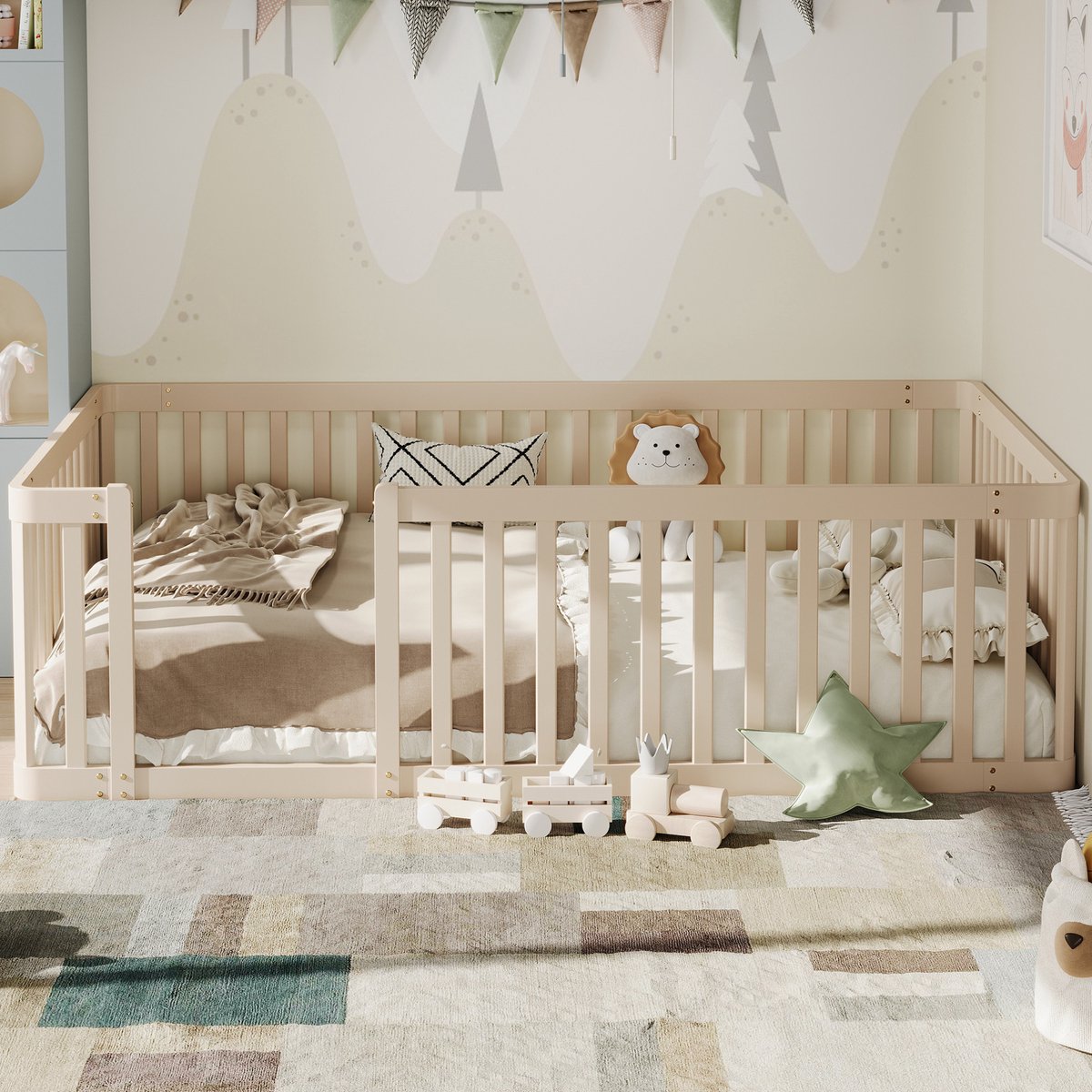 REDOM Kinderbed - Halfopen veiligheidshekje - Laag platformbed - Zonder boxspring - Kinderkamer - Hout - Cream - 90 x 200 cm
