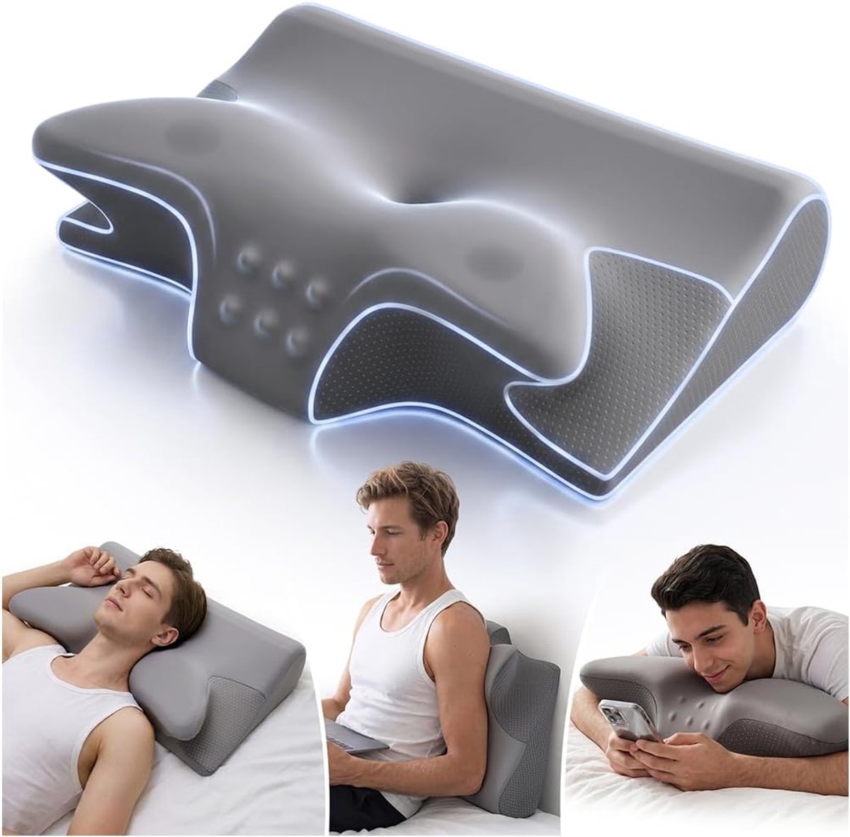Ergonomisch nekkussen 2-in-1, orthopedisch kussen van traagschuim met afneembare overtrek, voor rug-, zij- en buikslapers, 60x43x14/12 cm, puur grijs