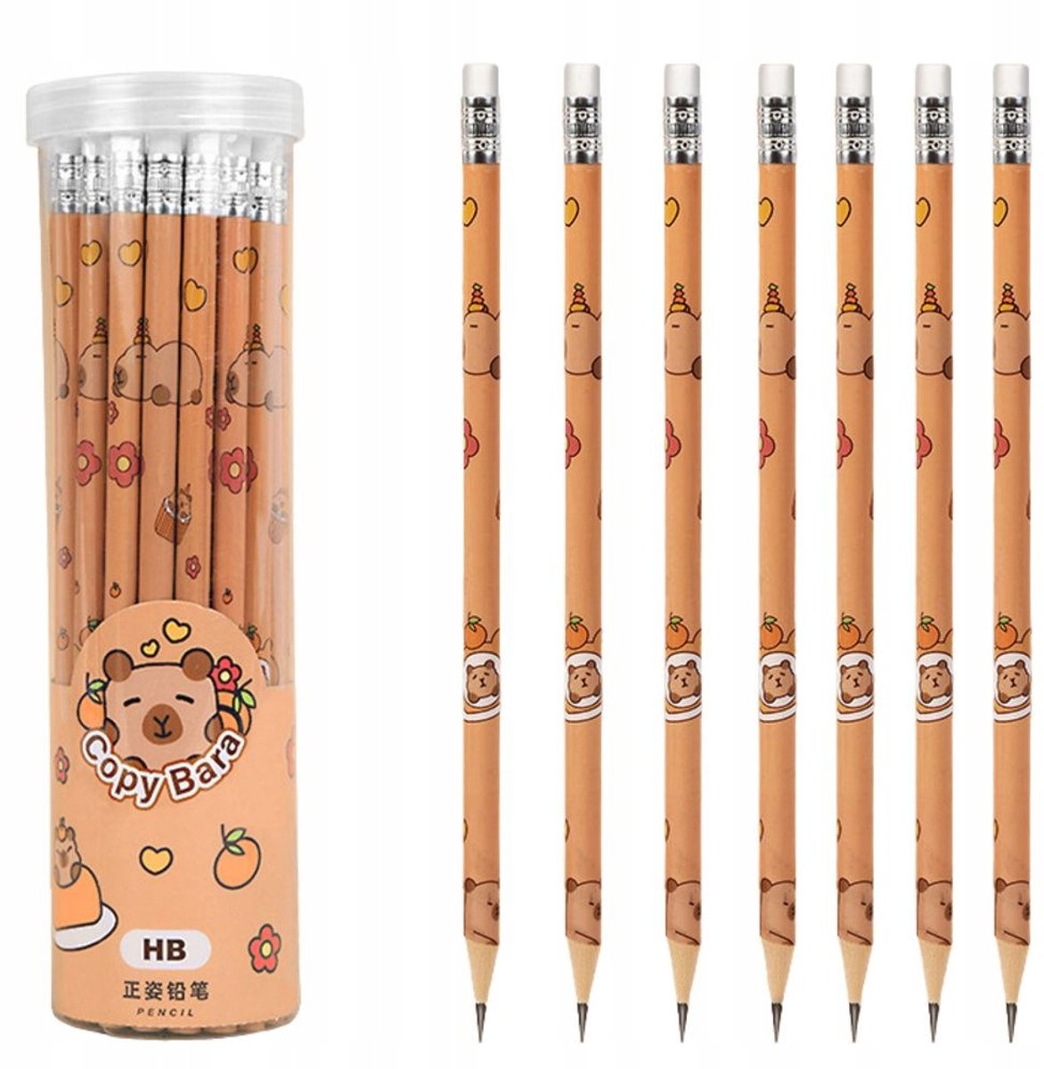 Set van 30 HB potloden met gum en kapibara-design in tube