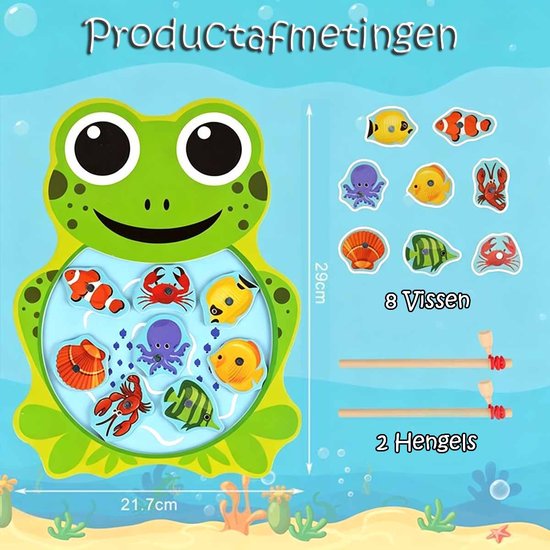 Magnetisch Houten Visspel - 8 Visjes 2 Hengels Speelgoedset - Kinderen van Hout Educatief Hengelspel Speelgoed - Voor Jongens en Meisjes Vanaf 3 Jaar Kindercadeaus (Kikker) — afbeelding 5