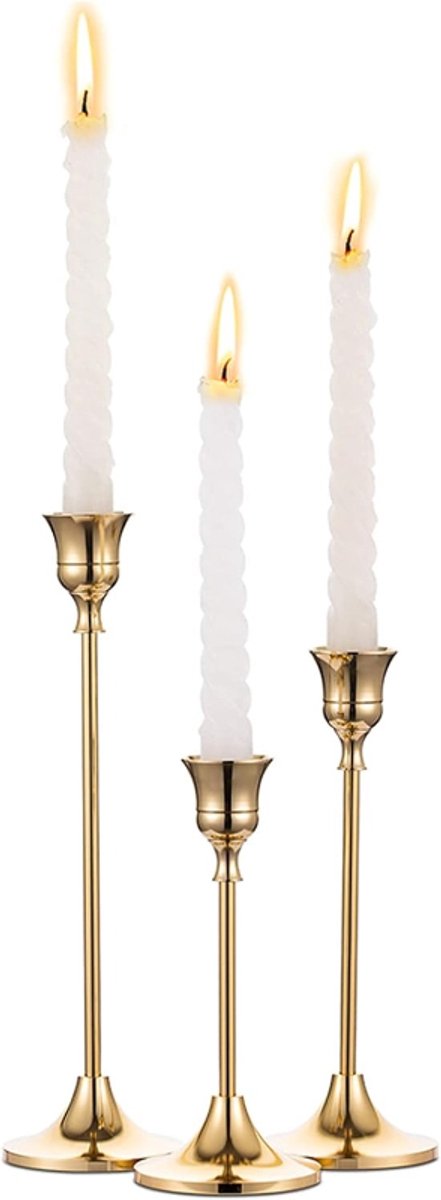 Gouden Kandelaars - Kegelvormige Kandelaars 3-Delige Set - Vintage Kegelvormige Metalen Kandelaars - Geschikt Voor Bruiloften, Housewarmingcadeaus, Tafeldecoratie, Kerstmis En Andere Gelegenheden