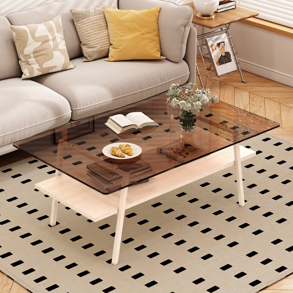MODFU - Salontafel - Rechthoekig - Modern - Glas - MDF - Bruin - 98 X 58 X 42,5 Cm