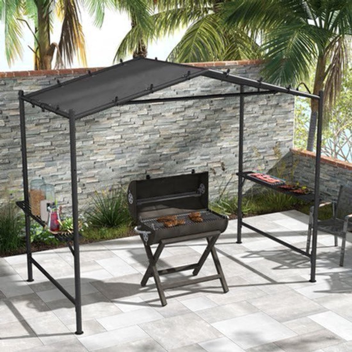 Grilltent – Barbecue Tent – Grill Overkapping – BBQ Schuilplaats – Weerbestendige BBQ Tent Donkergrijs – Ruim Formaat 277x149x230 cm – Waterafstotend Polyester