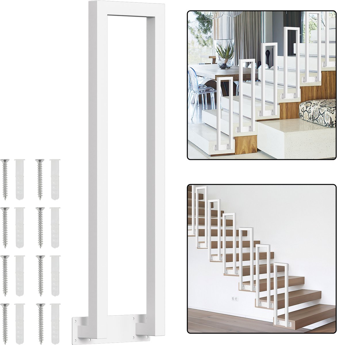 U-vormige trapleuning 100 cm wit – ijzeren leuning met vierkante buis, zijmontage, binnen en buiten, incl. montagepakket