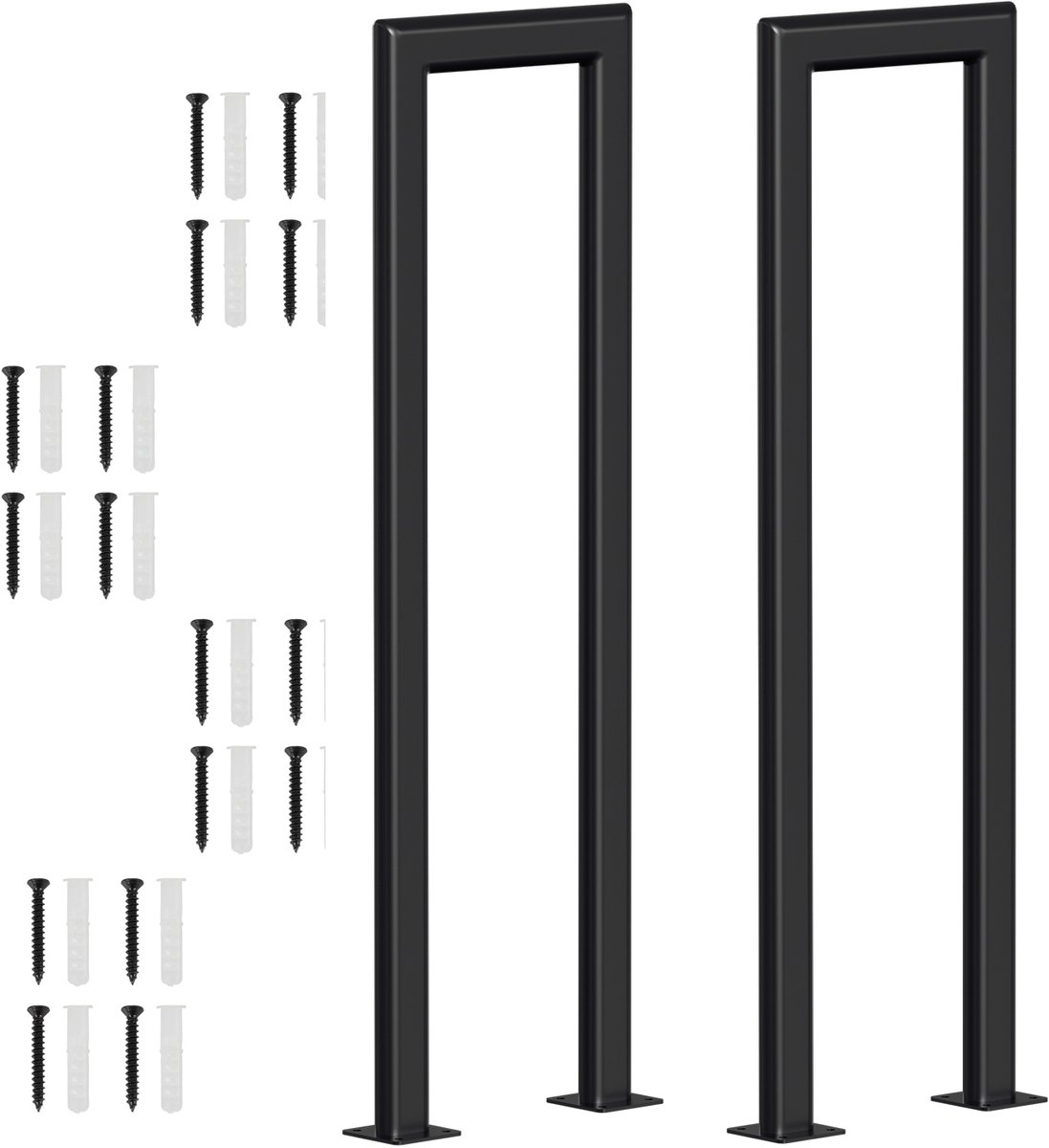 U-vormige trapleuning 85 cm zwart – ijzeren handgreep met ovale buis, montage op trede, voor binnen en buiten, incl. afdekkappen