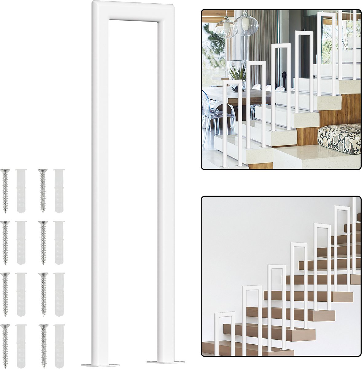 U-vormige trapleuning 95 cm wit – ijzeren handgreep met ovale buis, montage op trede, voor binnen en buiten, incl. afdekkappen