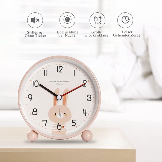 Kinderwekker Roze Haas - Stille Wekker - Tijd Leren Lezen - Zacht Nachtlampje - 11 cm - Roze — afbeelding 5