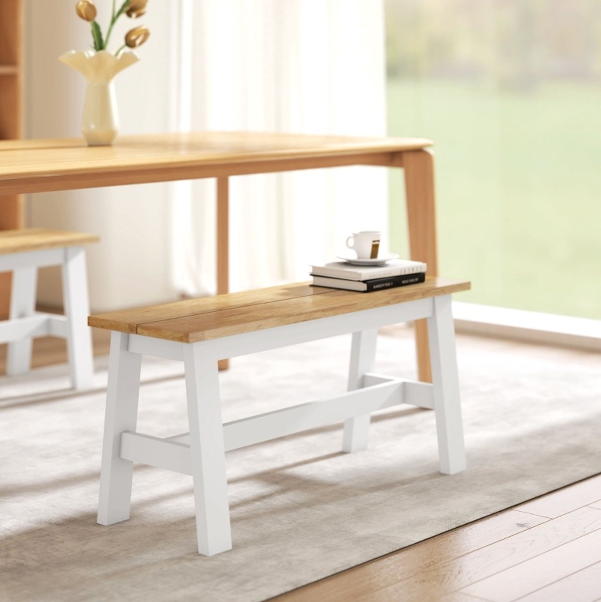 REDOM - Eetbank - 2-zits - Versterkte dwarsstang - Zonder rugleuning - Scandinavische stijl - Eetkamer en hal - Hout - Eikenkleur en Wit - 95 x 30 x 45 cm