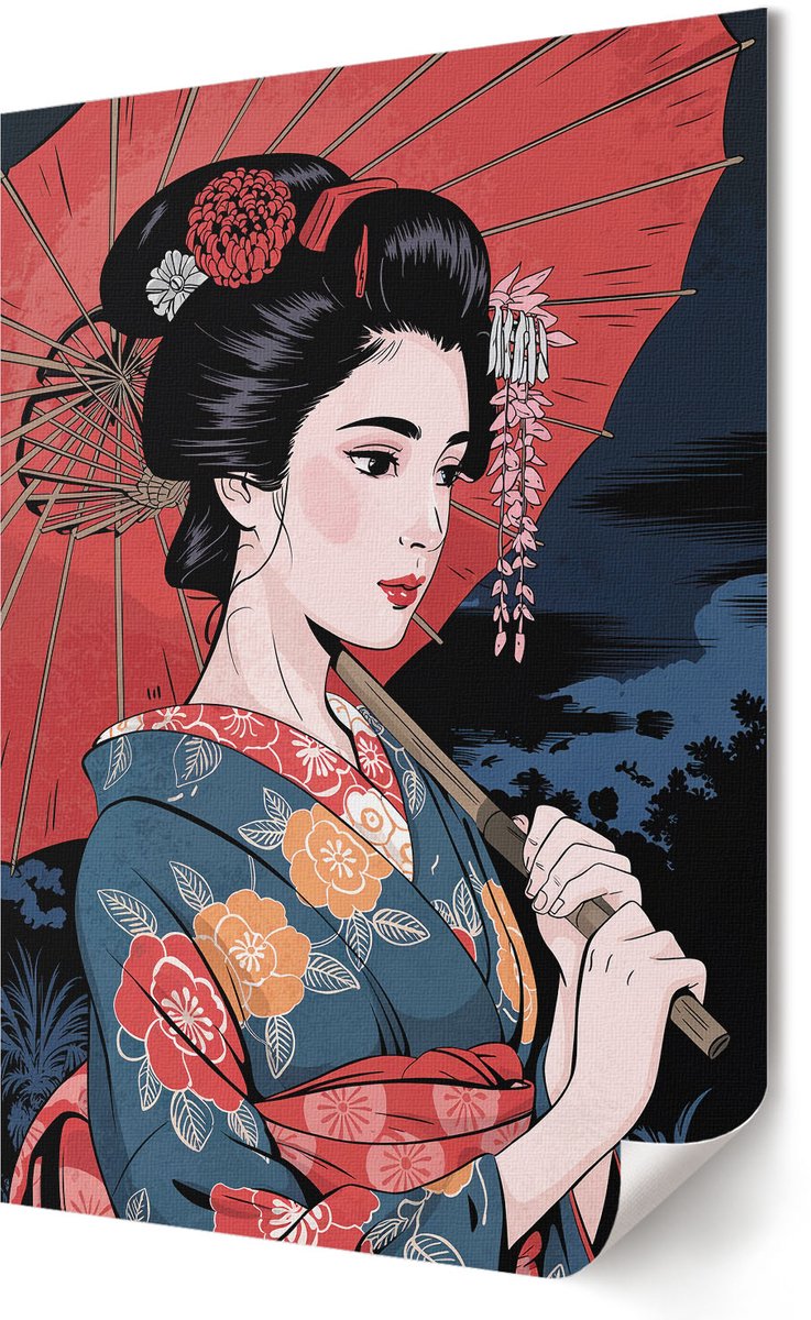 Coloray Polycanvas Poster - Japanse Elegantie, Illustratie - 420 x 594 - Rood Illustratie - Rechthoek - Wandkunst - Woonkamer, Slaapkamer, Kantoor - Japanse