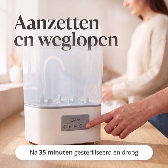 Evite 4-1 Sterilisator Slim - Flessensterilisator met Droogfunctie - Geschikt voor 6 Flessen en Kolfonderdelen - Compact Inklapbaar - Met Tang — afbeelding 4