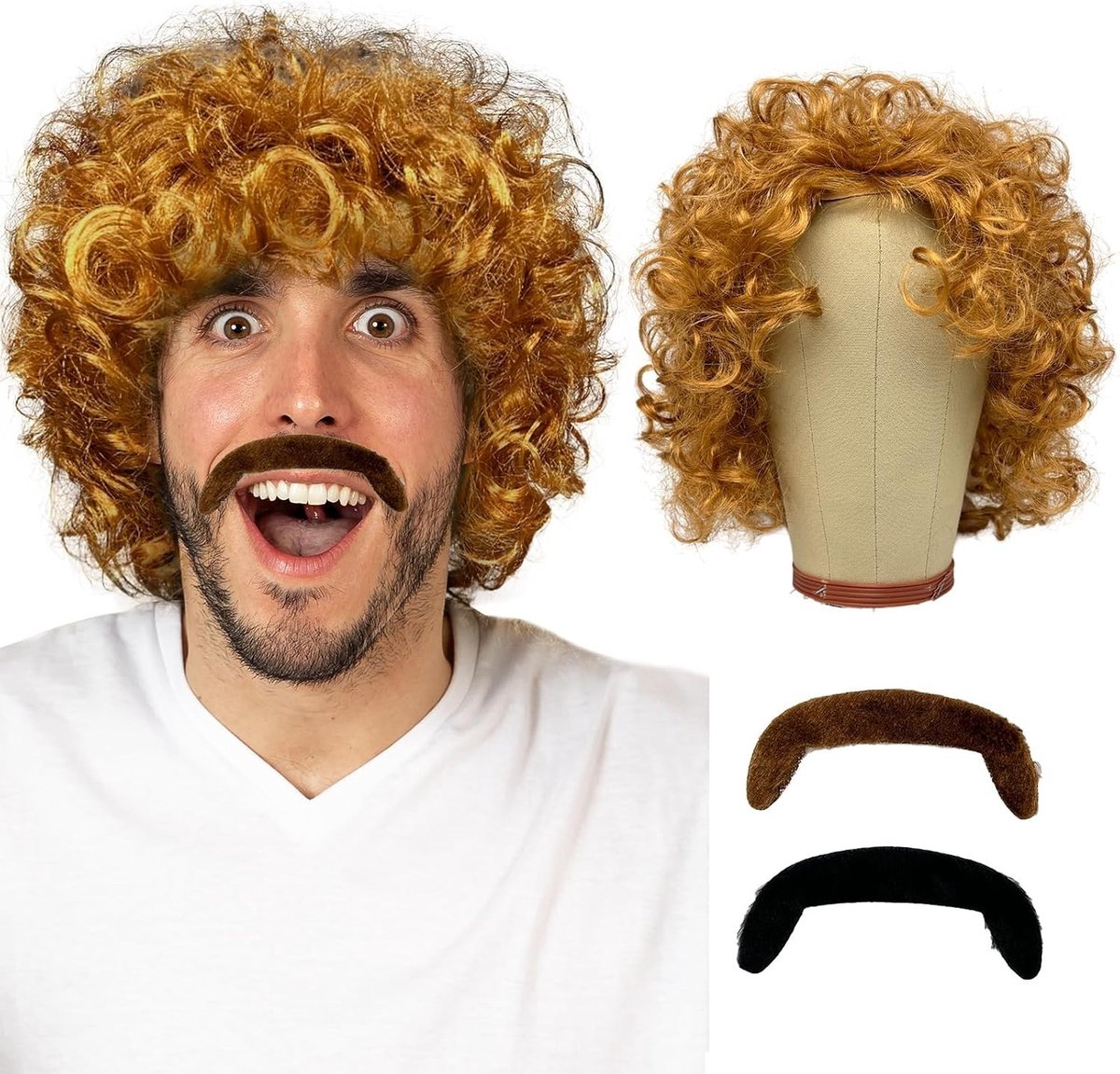 3-delige Blonde Krullende Perukenset met Snor voor Mannen - Afro Krullend Haar voor Carnaval en Kostuumfeesten in de Stijl van de Jaren '70 en '80