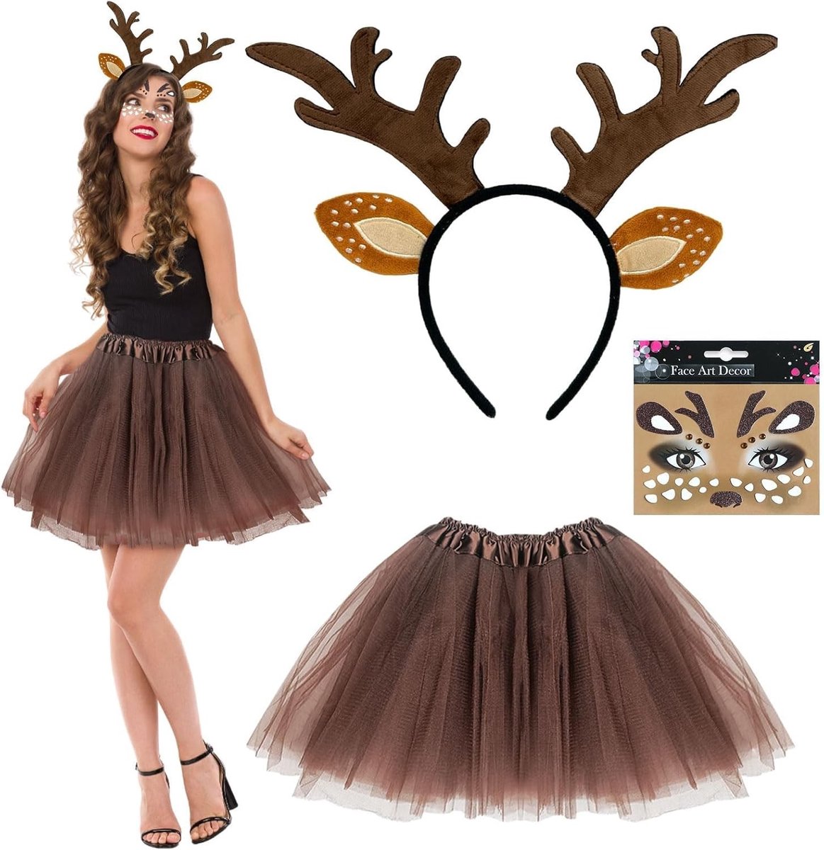 Driedelige Kostuumset met Rendier Hoofdband, Oren, Gezichts-Tattoo en Tutu voor Carnaval en Halloween Cosplay