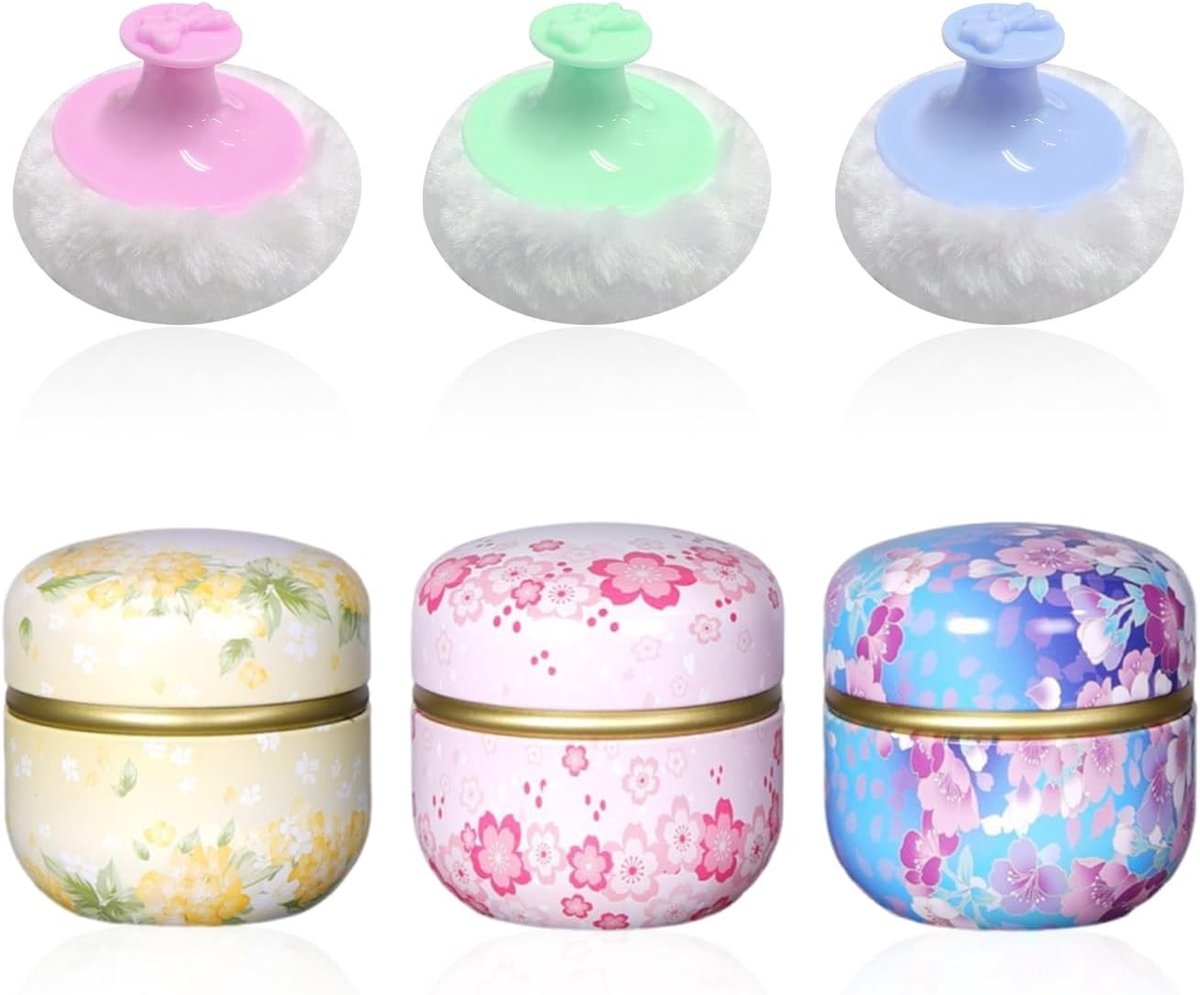 Set van 3 metalen blikken met bloemenpatroon en 3 zachte pluche puffs, ideaal voor make-up en cosmetica, draagbare puffset voor dagelijks gebruik