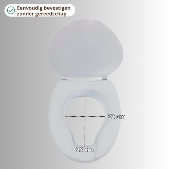 Witte toiletverhoger met deksel, 28 cm breed en 22 cm diep. Eenvoudige bevestiging zonder gereedschap.