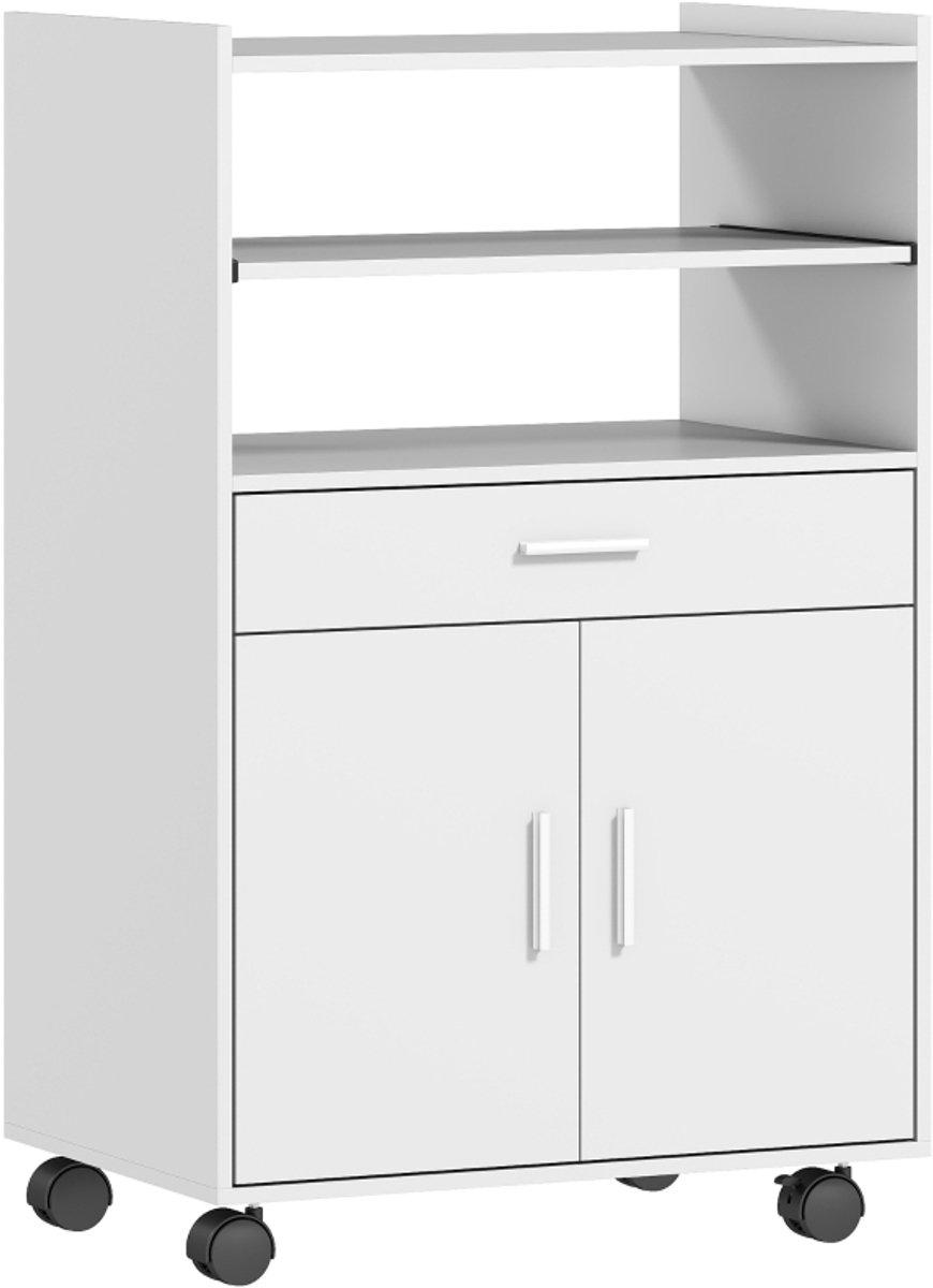 Clruro Magnetronkast - 59x40x92 cm - met Lade, Dubbele Deurkast en Wielen - Keuken Opbergkast - MDF - Wit