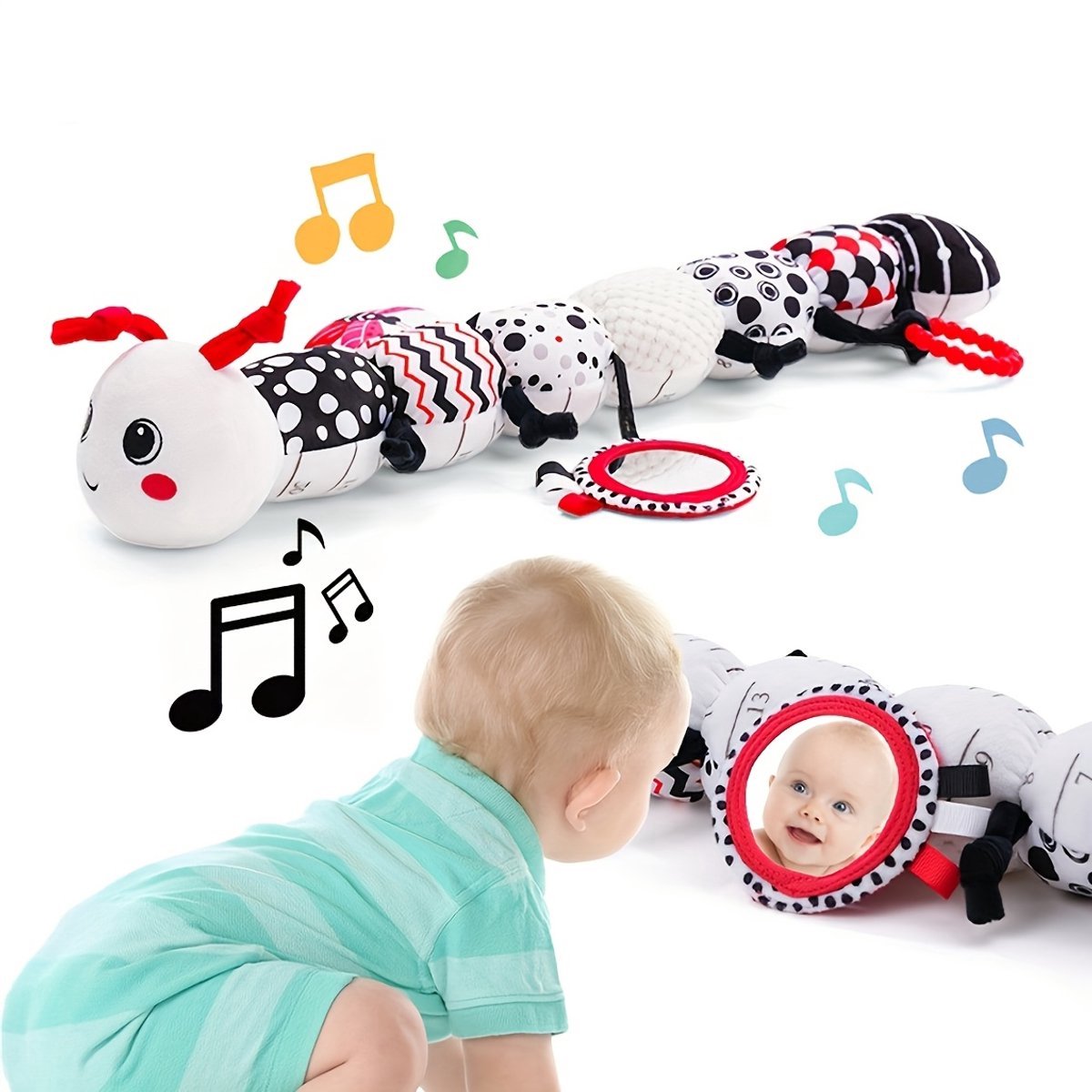 casalora - Baby Rups Knuffel - Buikligtrainer - Muzikaal Sensorisch Speelgoed - Met Knisperpapier & Liniaal - Muzikaal knuffeldier - Voor Tummy Time & Motoriekontwikkeling - Voor baby's van 0, 3, 6 en 12 maanden - Zwart-wit