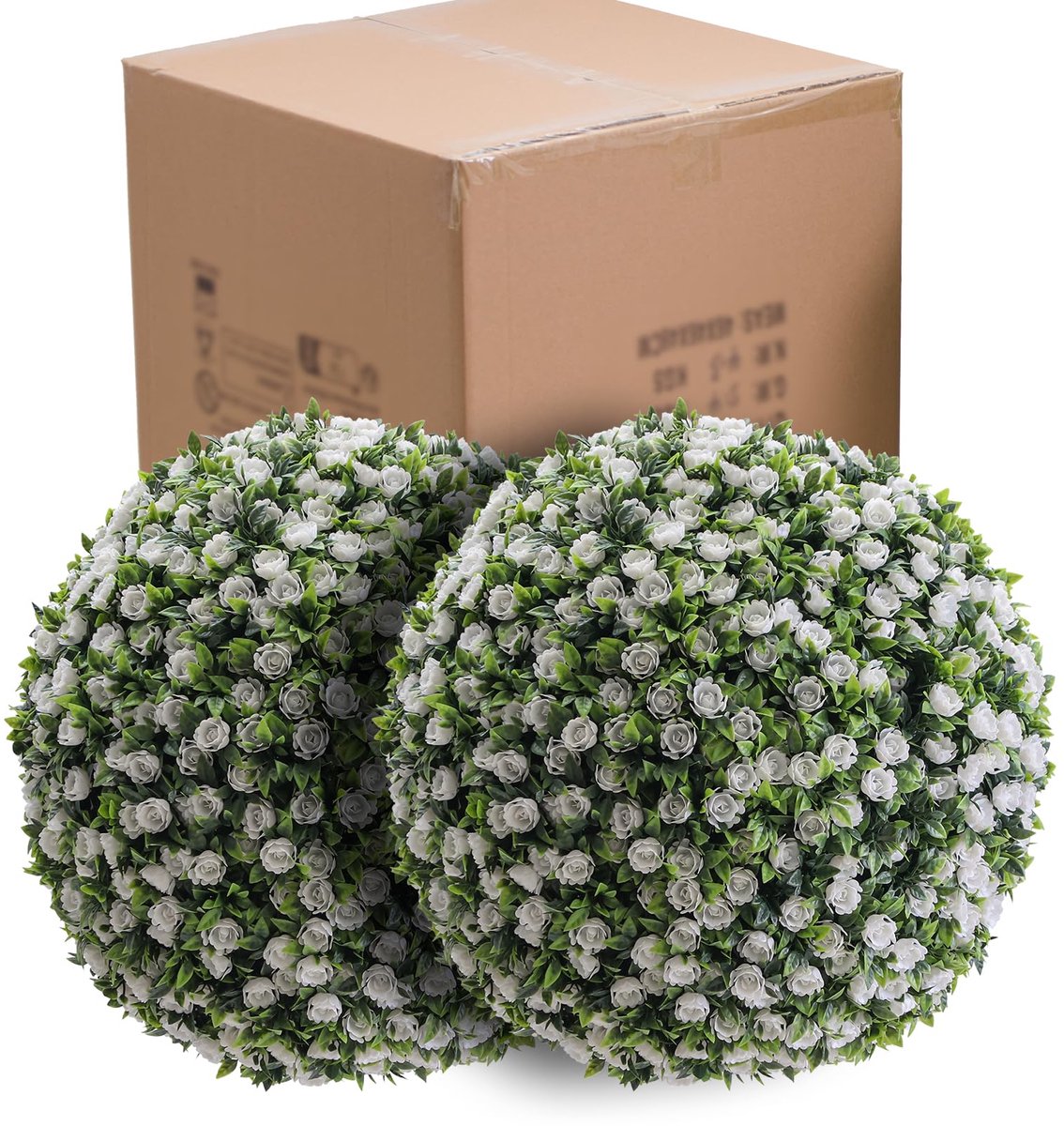 Triumpunpre Set van 2 Kunstmatige Rozenbal – Hangende Topiary Bloem Bal 45 cm – Witte Rozen met Groene Bladeren – PE – Onderhoudsvrij – Binnen & Buiten