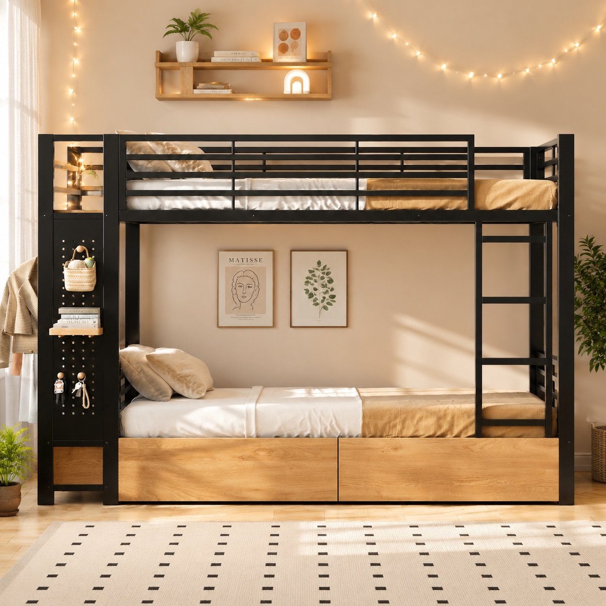 VVBV Stapelbed 90x200 cm - Opbergruimte, LED, App-bediening, Uitvalbeveiliging, 4 Lades, Tot 240 kg - Zwart, MDF, Metaal