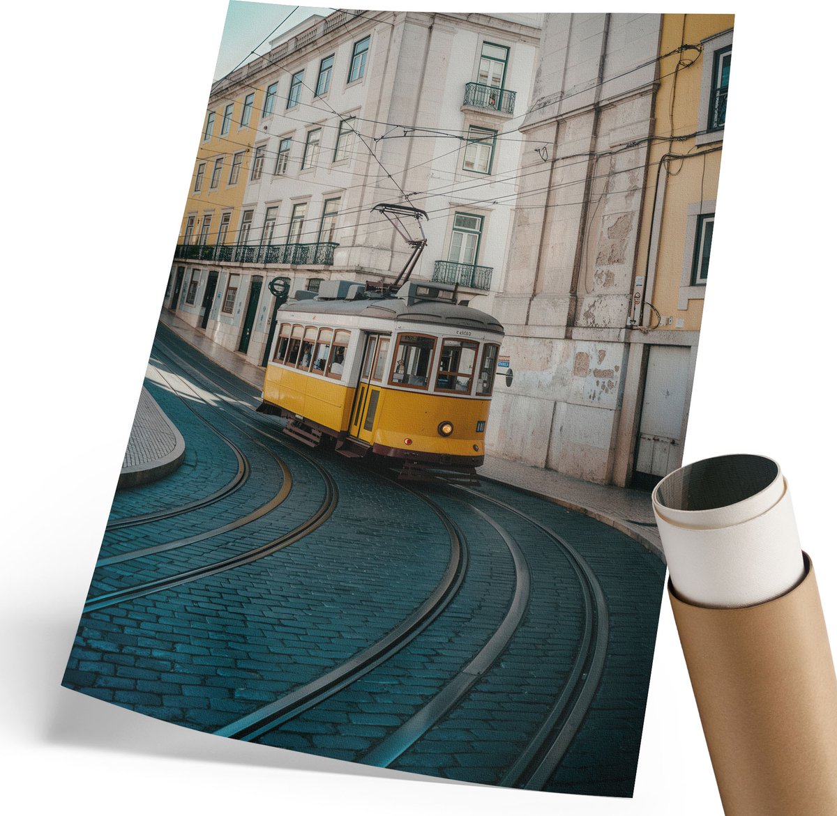 Tulup Polycanvas Wandposter - Stadstram, Blauw - A2 - Rood Kunst - Rechthoek - Muurdecoratie - Slaapkamer - Rustiek