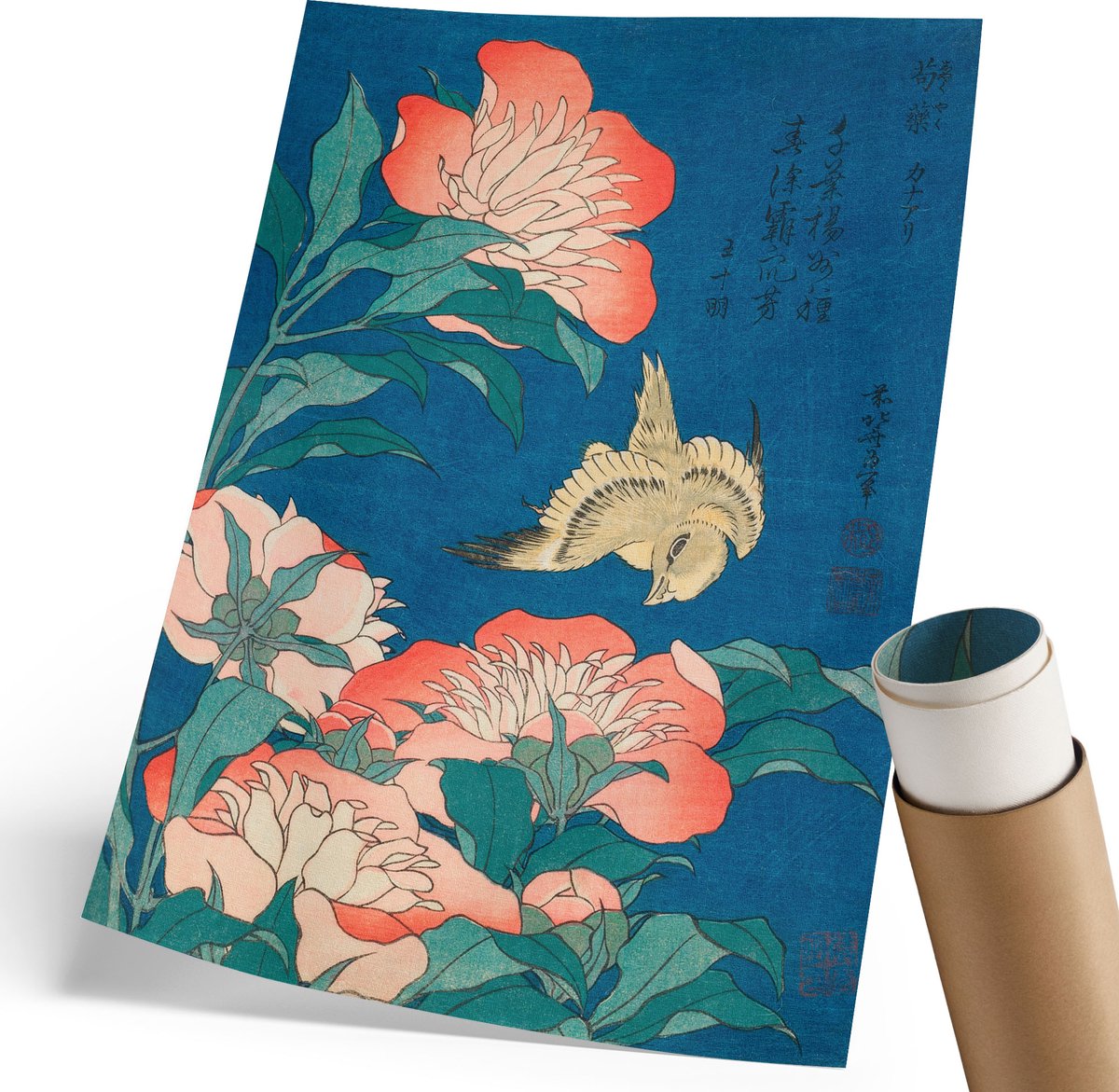 Coloray Polycanvas Wandposter - Pioenrozen En Kanarie, Schilderen - 210 x 297 mm - Marine Illustratie - Rechthoek - Canvasposter - Woonkamer, Slaapkamer, Kantoor - Klassiek