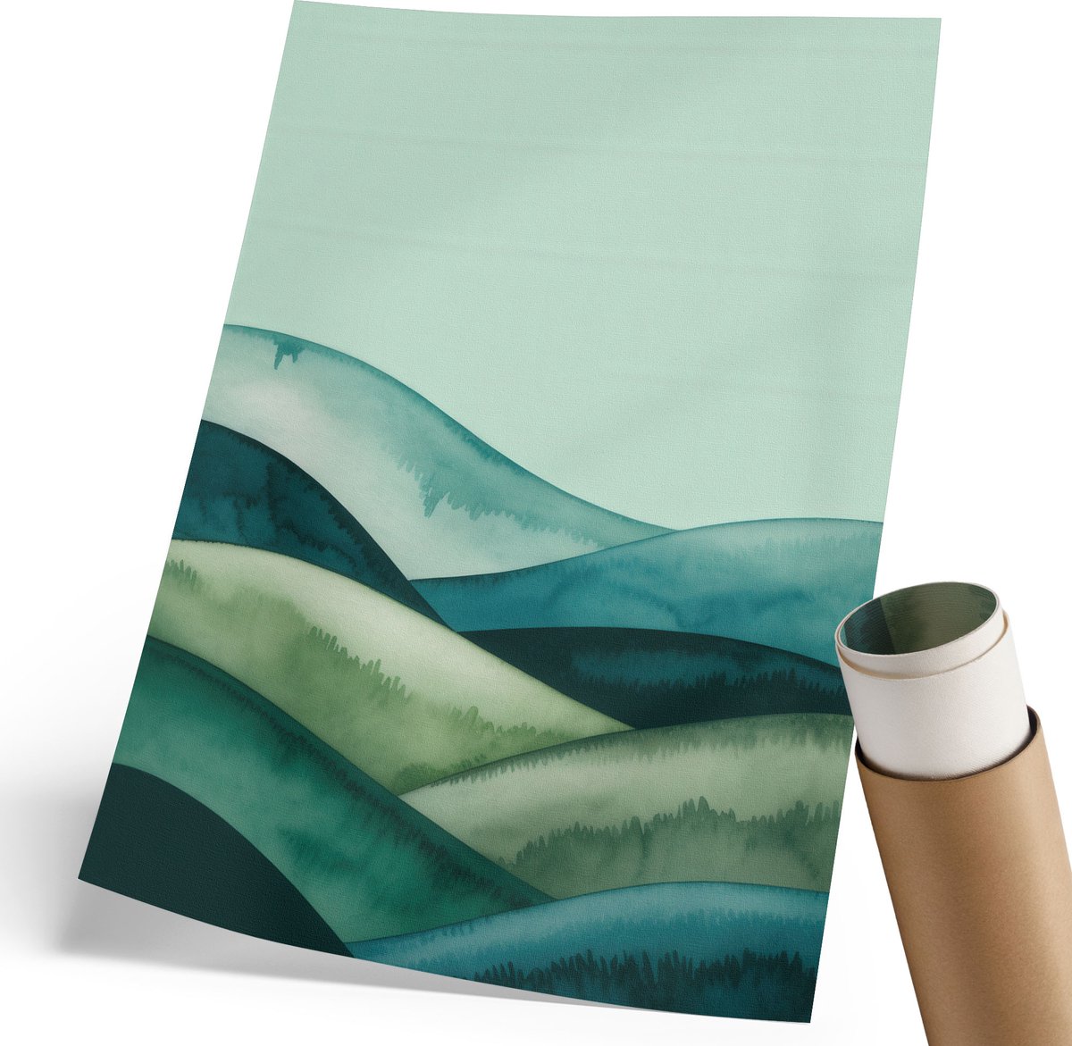Coloray Polycanvas Wandposter - Groene Heuvels, Waterverf - 210 x 297 mm - Groen Poster - Rechthoek - Muurkunst - Woonkamer, Slaapkamer, Kantoor - Rustiek