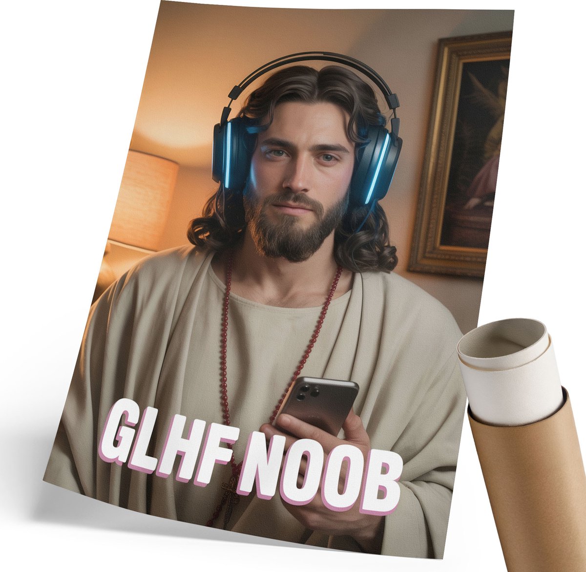 Coloray Polycanvas Wandposter - Jezus De Speler, Illustratie - 210 x 297 mm - Beige Motief - Rechthoek - Interieurdecoratie - Woonkamer, Slaapkamer, Kantoor - Humoristisch
