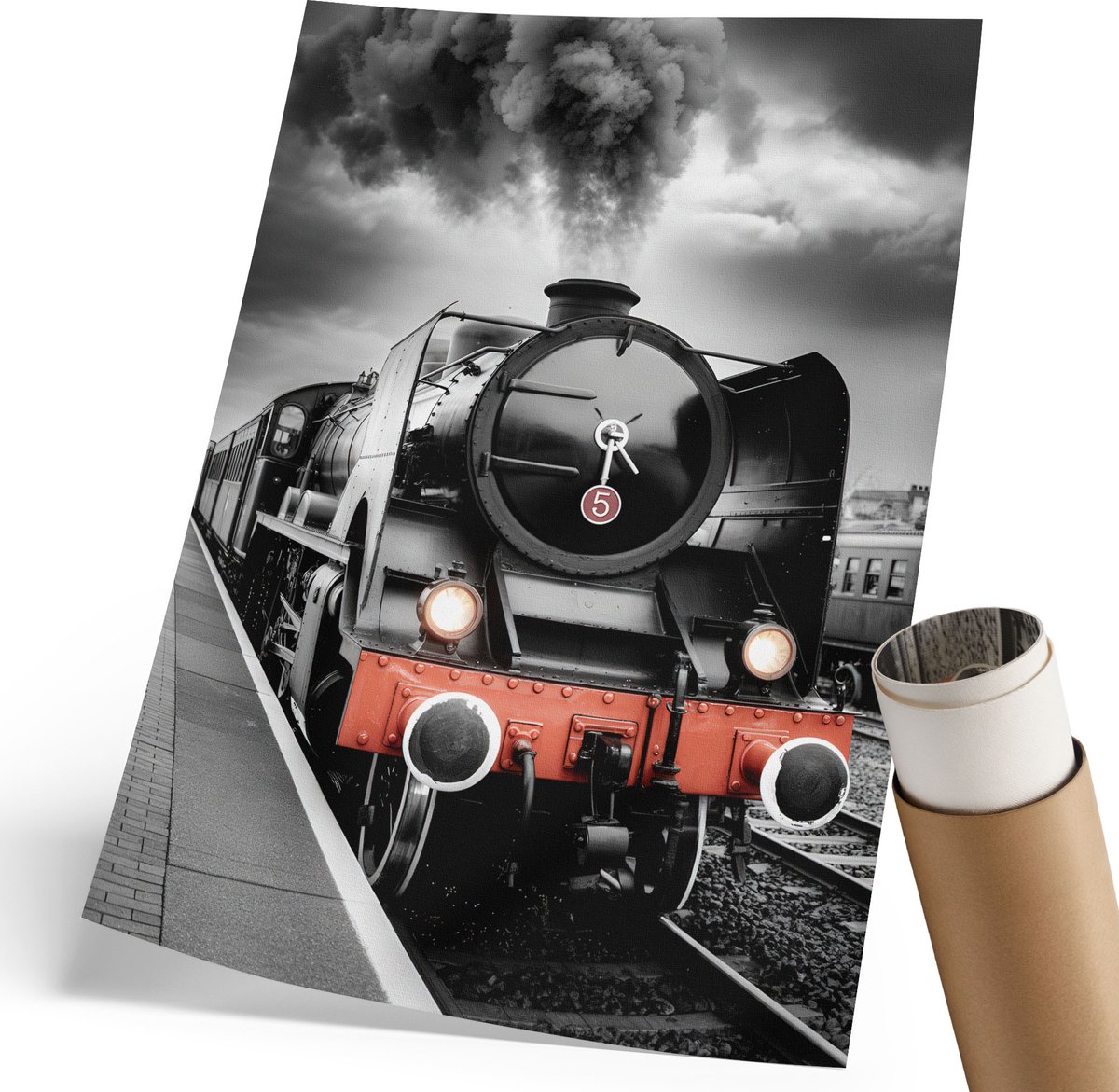 Coloray Polycanvas Wandposter - Stoomtrein, Fotografie - 210 x 297 mm - Zwart-wit Design - Rechthoek - Wandkunstwerk - Woonkamer, Slaapkamer, Kantoor - Industrieel