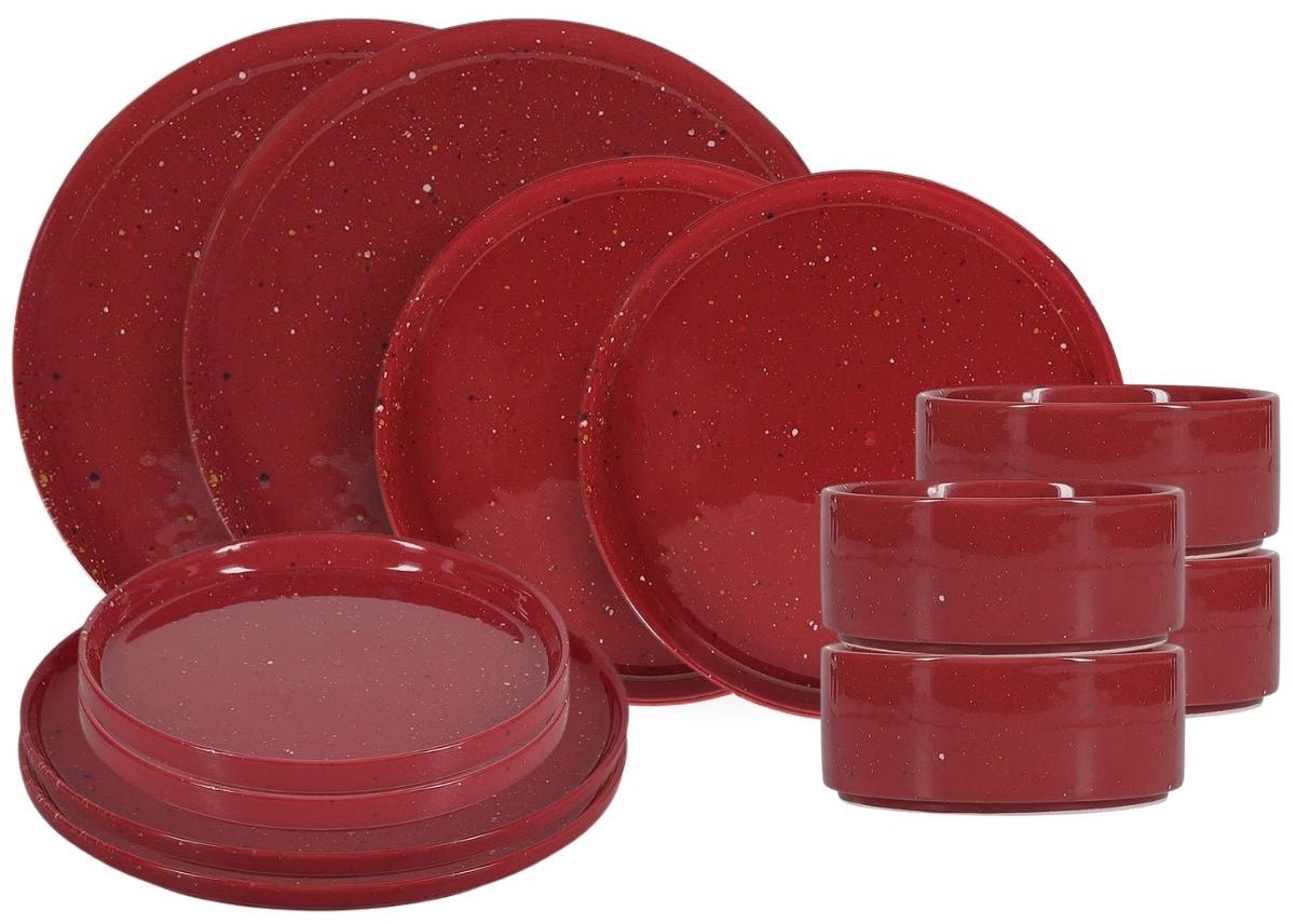 ONA Serviesset Fika Burgundy 12-delig / 4 personen - 4 dinerborden, 4 ontbijtborden en 4 kommen
