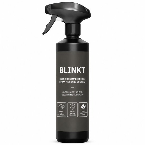 Zwarte spuitfles van BLINKT met 'CABRIODAK IMPREGNEREN SPRAY MET NANO COATING'. Iconen tonen waterafstotend, ademend en PFAS-vrij.