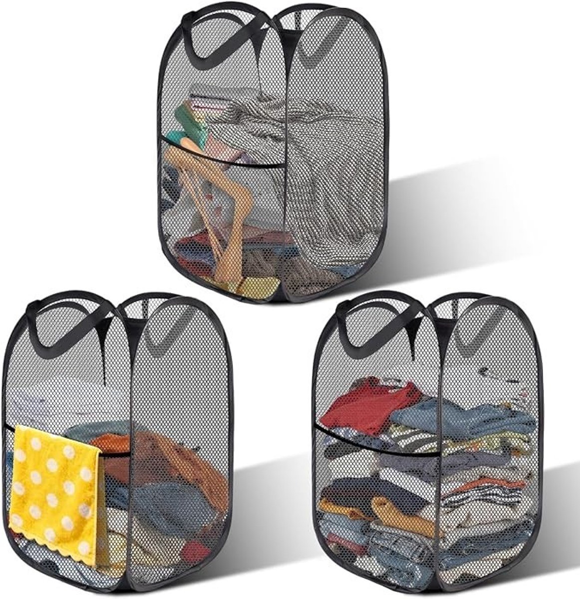 PolkaHome Opvouwbare Wasmand met 2 Vakken en Handvatten, 75L, Zwart