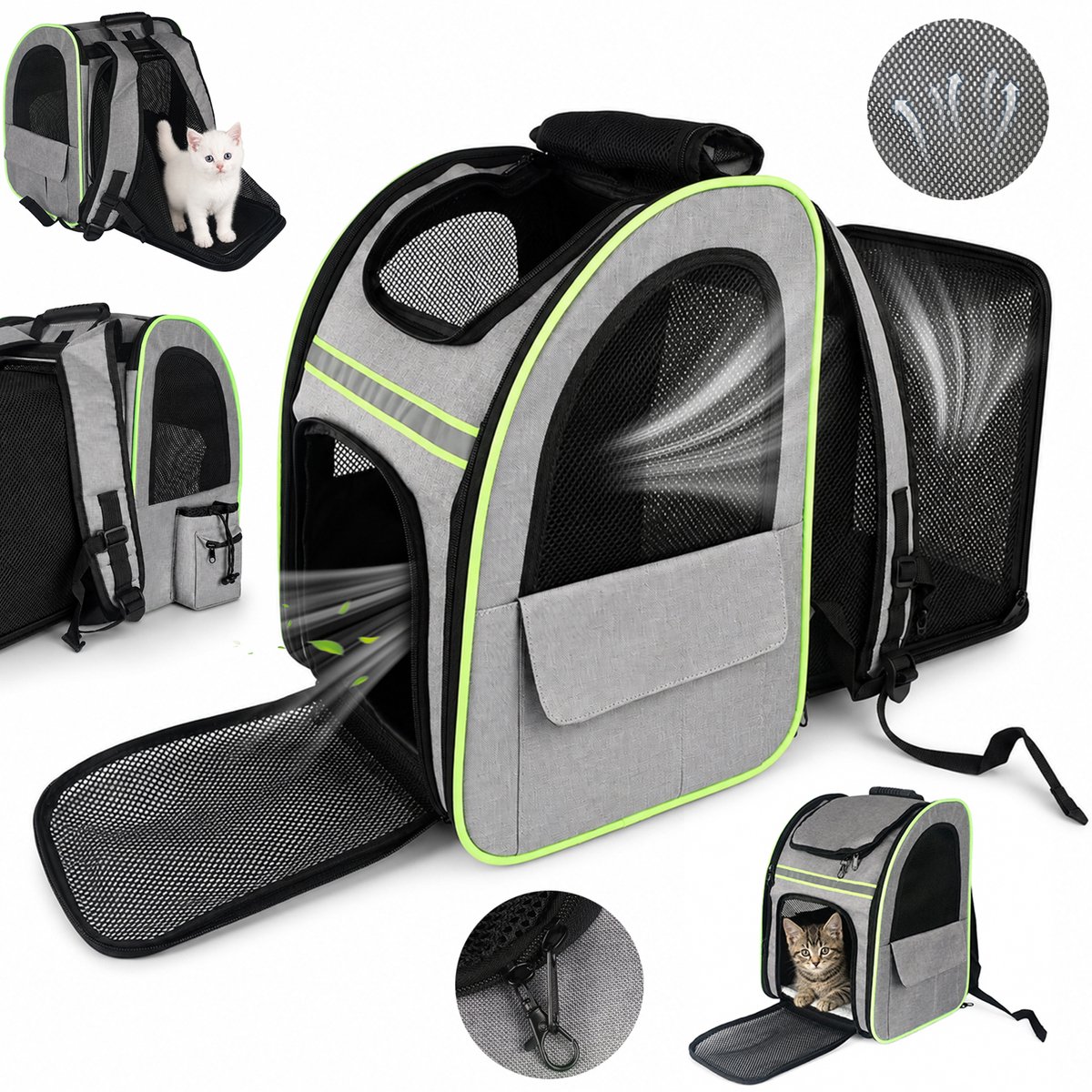 Wishdor Uitbreidbare en opvouwbare rugzak voor huisdieren - Met 360 graden ademend gaas - Veiligheidshaken - Voor reizen en wandelen - Polyester - Grijs - 34 x 28 x 44 cm
