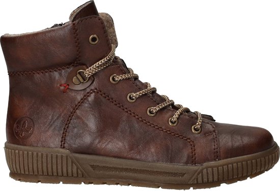 Botte à lacets en cuir marron avec doublure en peluche, vue de côté.