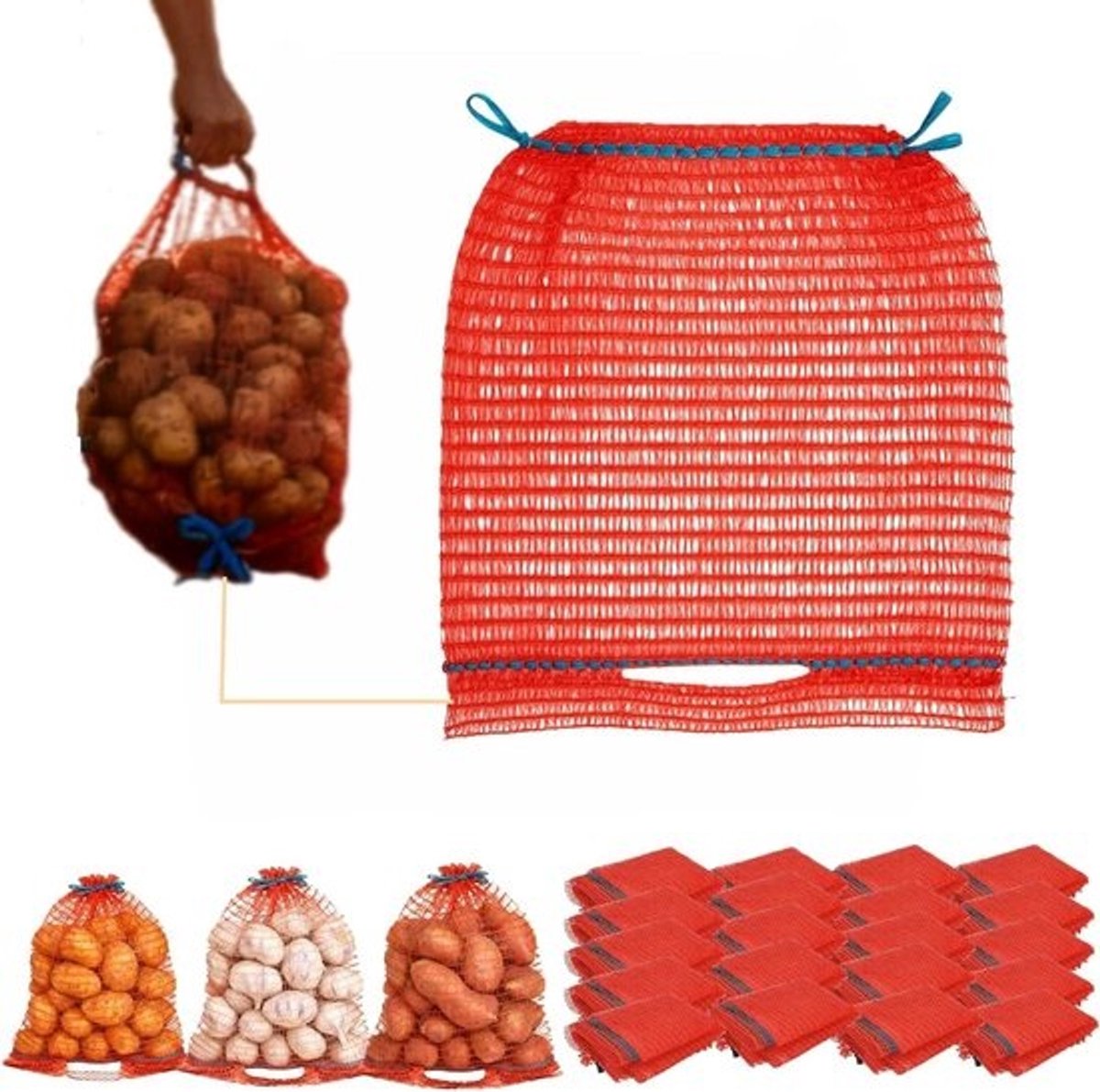 Raschelzakken Aardappelen - Netzakken Groenten - Opslag Fruit - Met Trekkoord - 30x50 cm - Rood