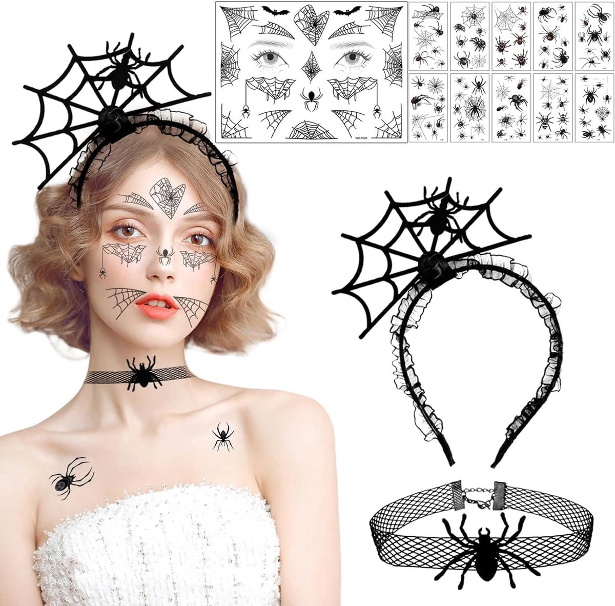 Halloween Kostuum Cosplay Party Accessoires met Spinnenweb Haarband, Ketting, 10 Bladen Tijdelijke Zwarte Spinnen Tatoeages en Gezichtstickers