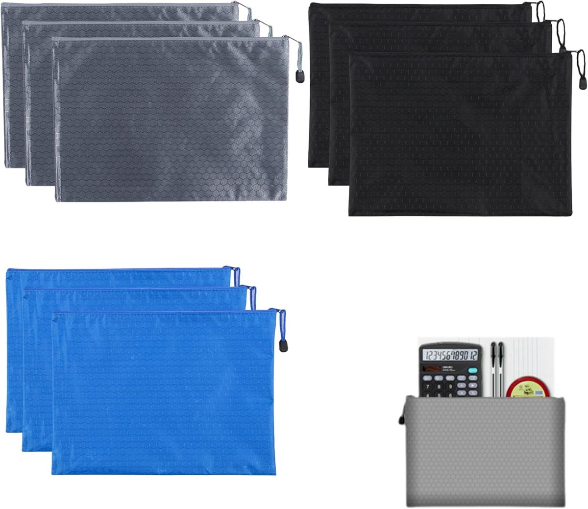 9-delige banktas set A5, waterdichte portemonnee organizer met ritssluiting, zwart grijs blauw, voor reizen kantoor en thuis