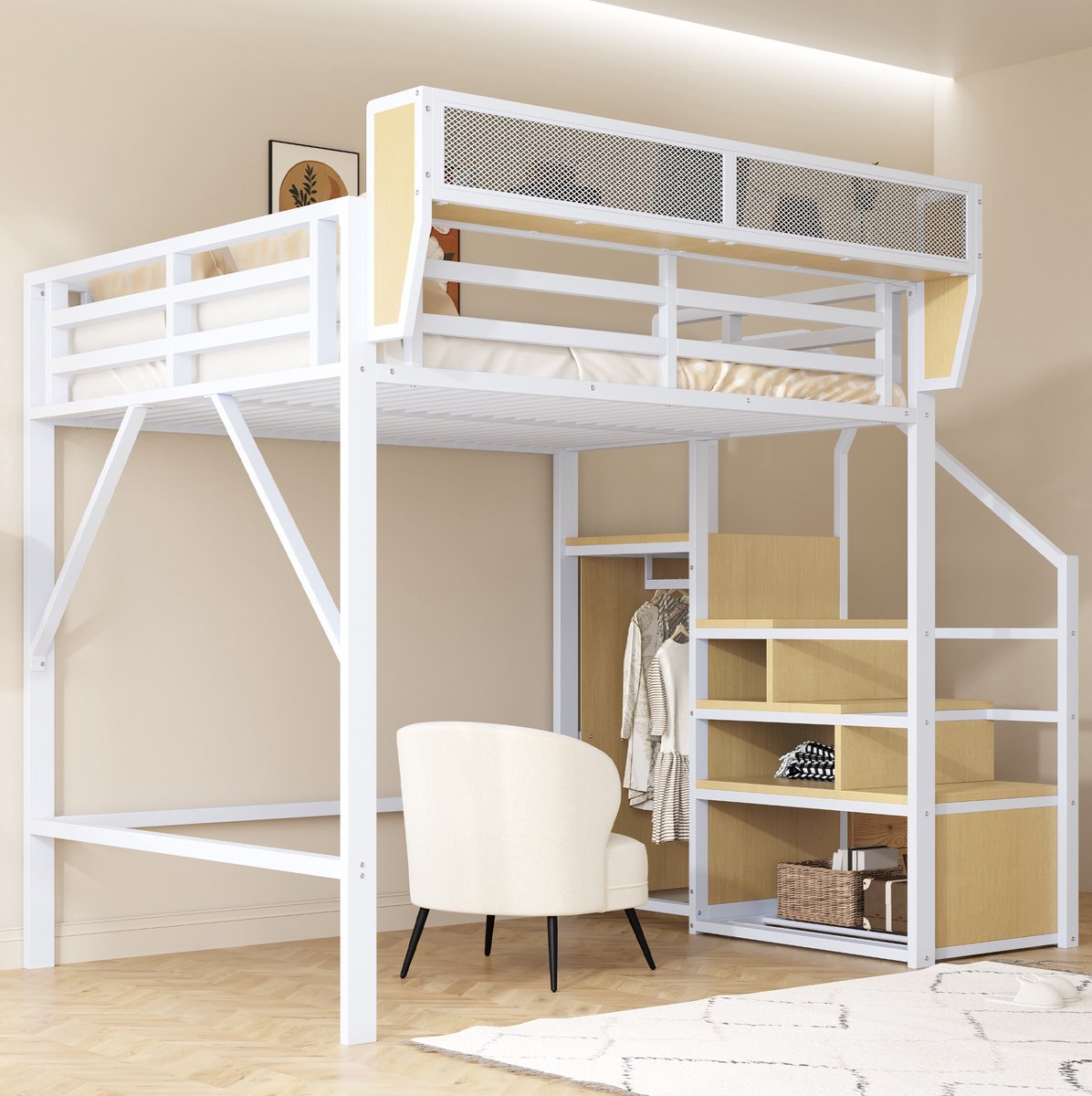 REDOM - Hoogslaper - Met trap en opbergrek - Met uitvalbeveiliging - Moderne stijl - Voor kleine ruimtes - Metaal en MDF - Wit - 140 x 200 cm