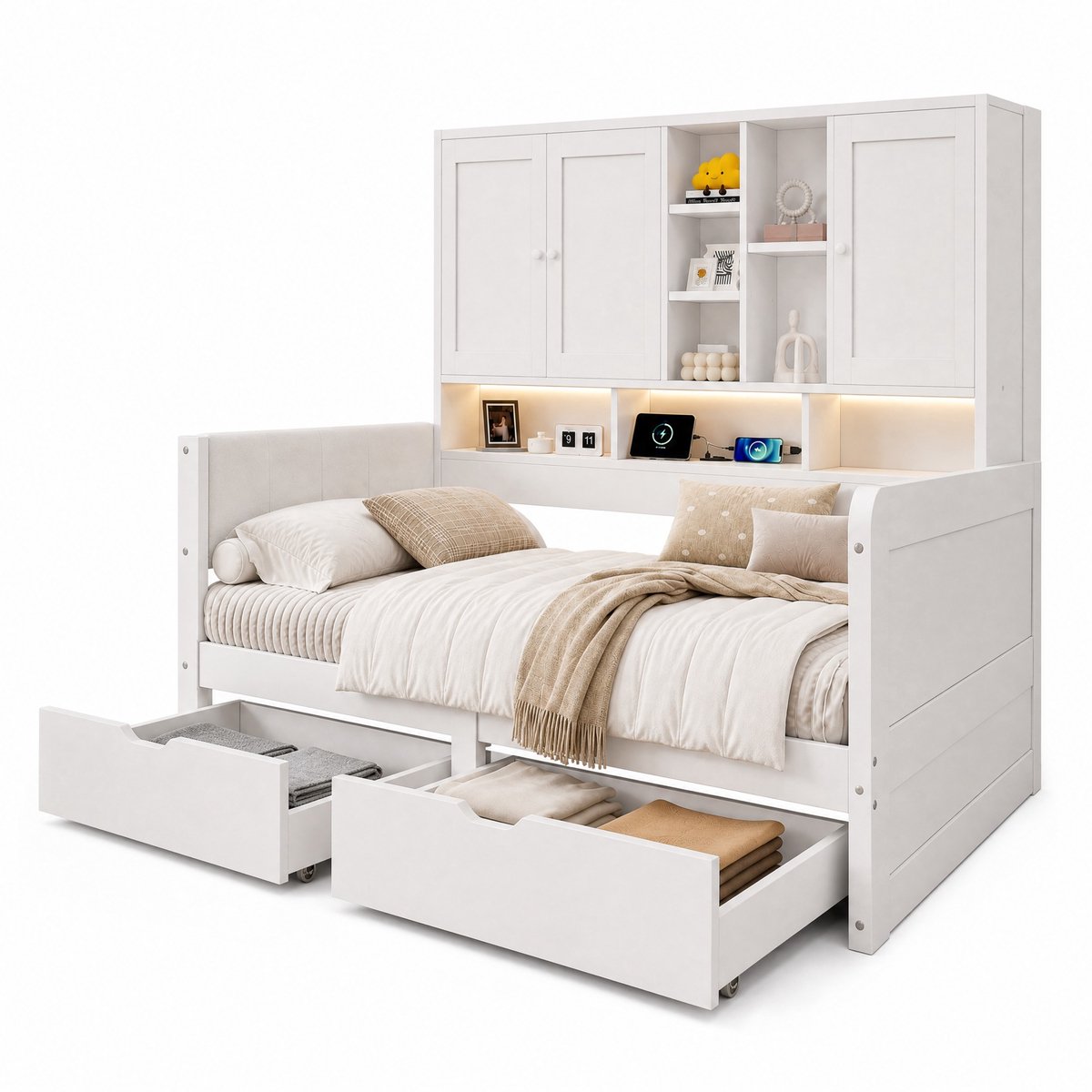 WUVRIE Kinderbed 90x200 cm met opbergruimte, LED-verlichting, USB en PU-hoofdbord, wit